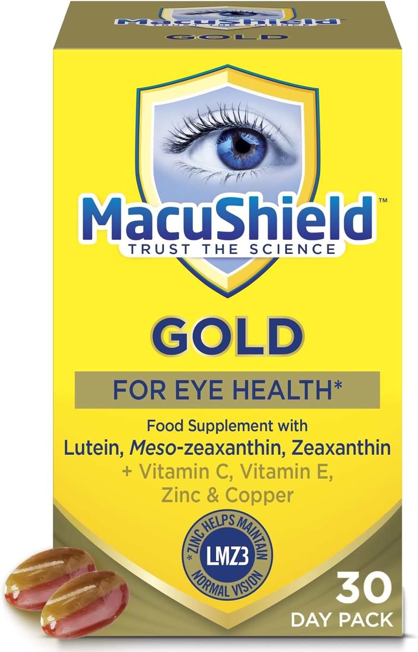MacuShield Gold – Eye Health Supplement* with Lutein, 30-Day Pack | Helps support normal vision, Zeaxanthin and meso-zeaxanthin, Zinc