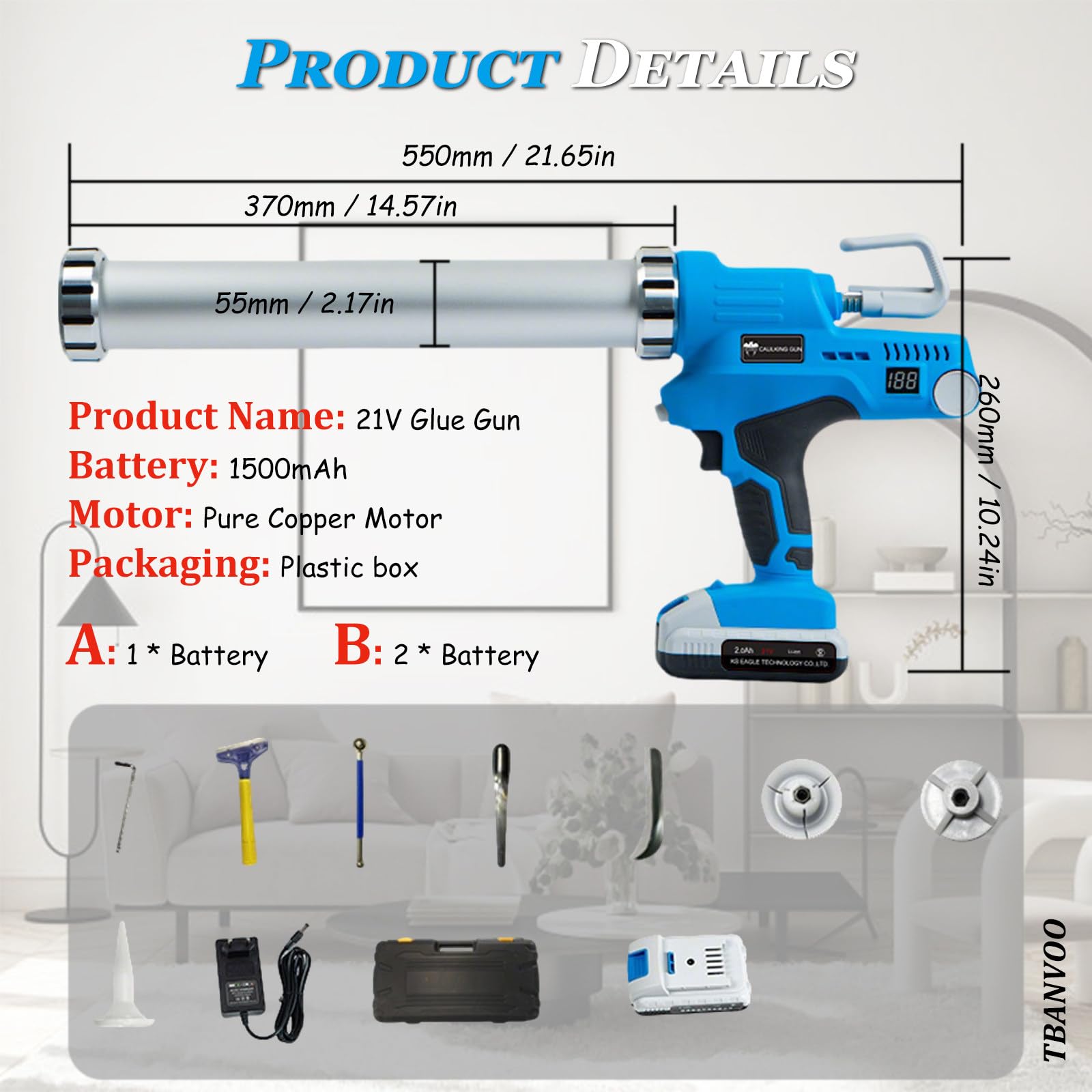 Pistolet à Calfeutrer sans Fil, Pistolet à Adhésif avec Lumière LED, Vitesse Continuement Variable, Anti-Goutte pour Le Remplissage et l'Étanchéité B