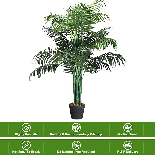 Miniatura 7 de Goplus Palmera artificial, planta tropical de vegetación falsa en maceta de 3.5 pies de alto, árbol de suelo sintético para decoración de interiores