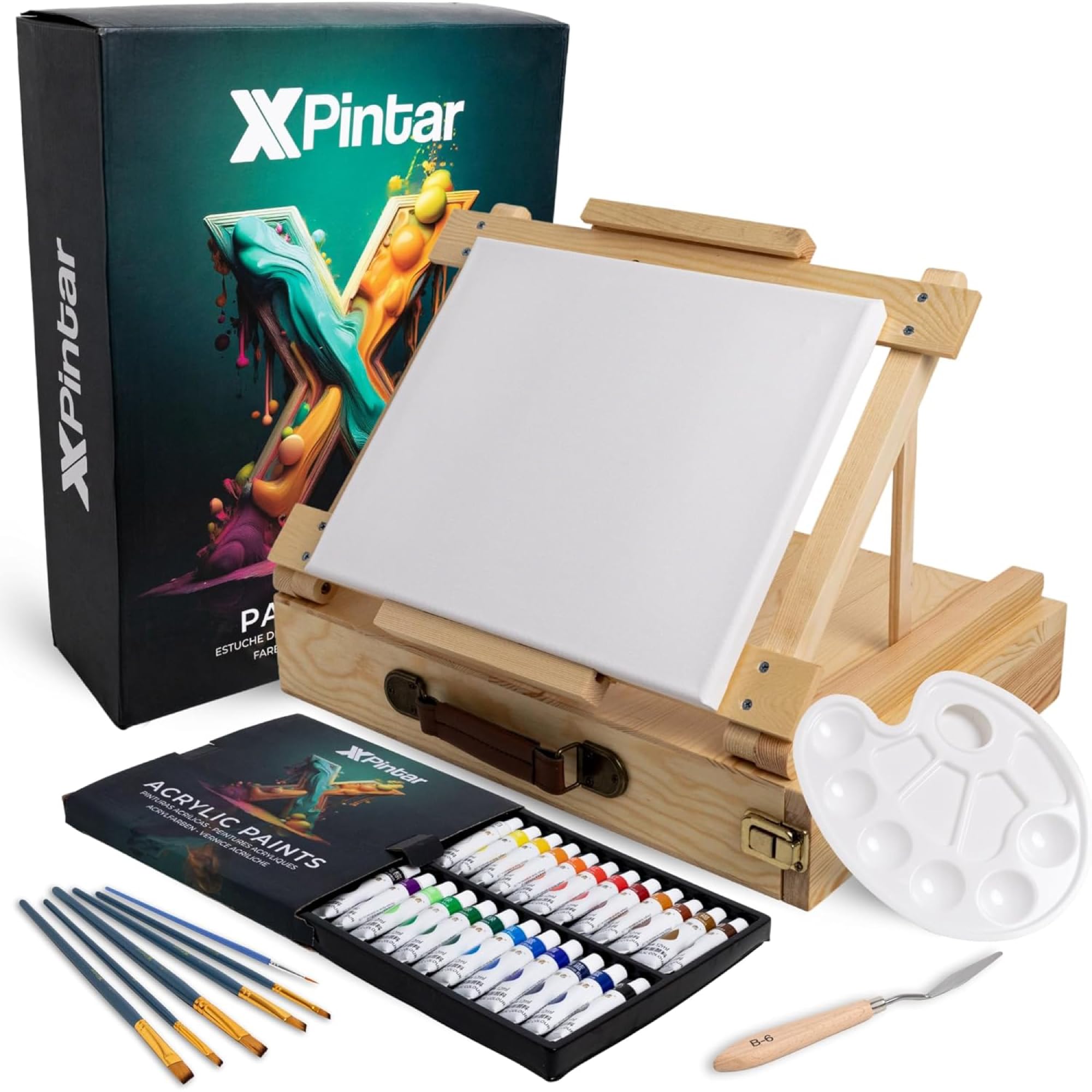 Kit Pintura Acrílica 34 Piezas Caballete Maletín Madera Portátil 24 Tubos 12 ml Colores Vivos Lienzo 24x30 cm 6 Pinceles Espátula Paleta Set Completo Adultos Niños Principiantes Arte Regalo Creativo