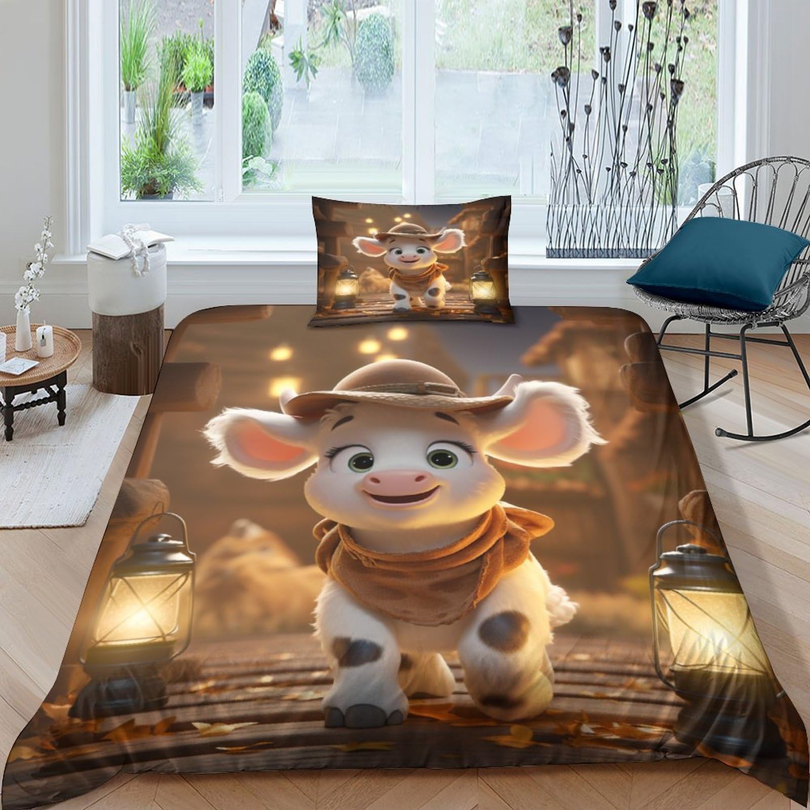 Anime Cow Duvet Cover Set 3D Bedding Sets Microfibre Quilt Cover with Zipper Closure Animal 2 Piece Set Comforter Cover Single（135x200cm）
