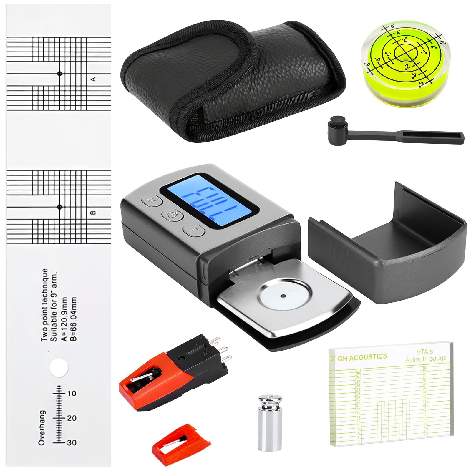 6 Stück Justier und Einstellungsset zur Plattenspieler, USB Plattenspieler Nadel Set, mit Digital Tonarmwaage, Azimut, Libelle und Überhangschablone, Ersatznadel, für Tonarm des Plattenspielers