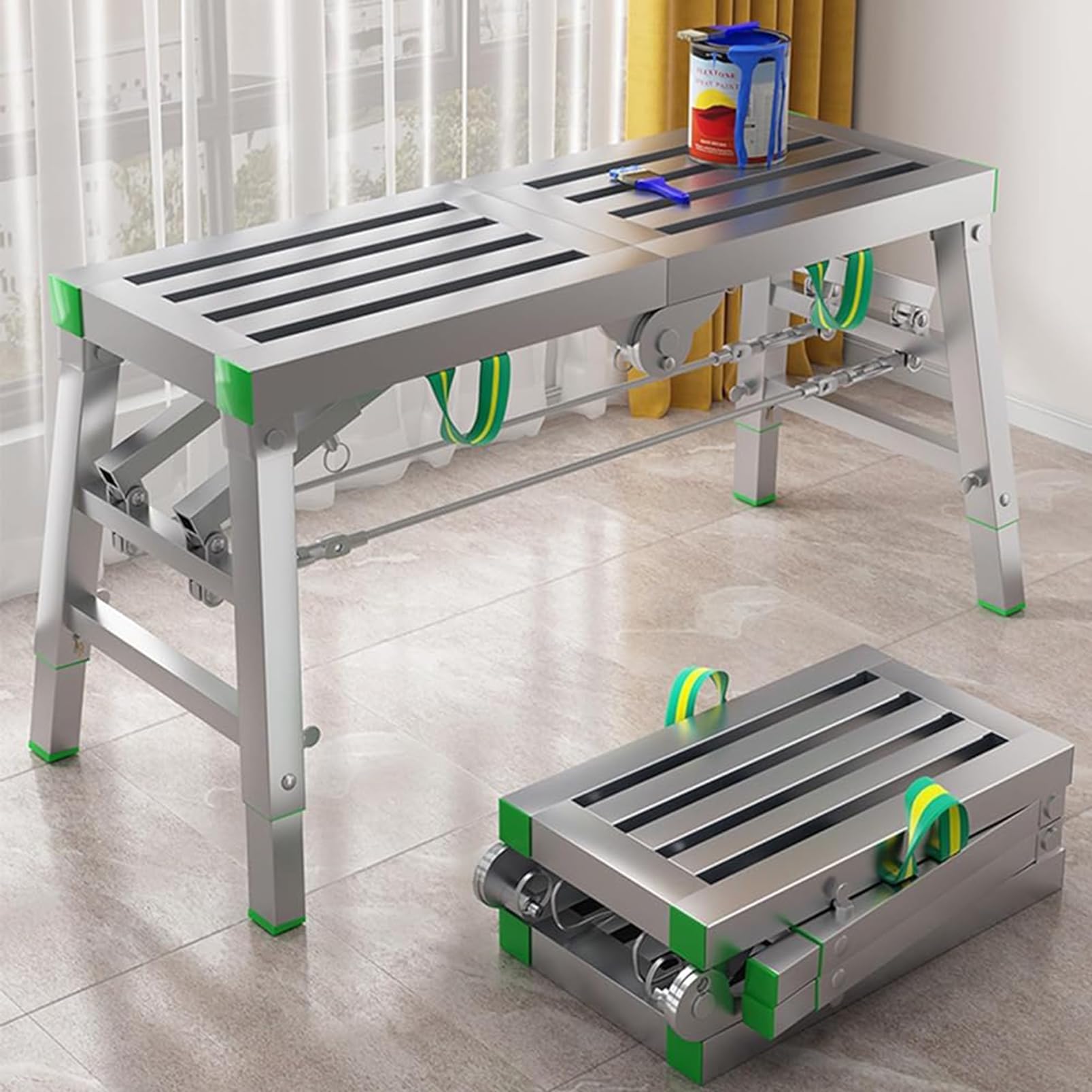 Plataforma de Trabajo de Acero al Carbono, Plataforma de Trabajo Plegable, Taburete de Escalera de Torre de Andamio Multiusos de Altura Ajustable para Limpieza de Techos