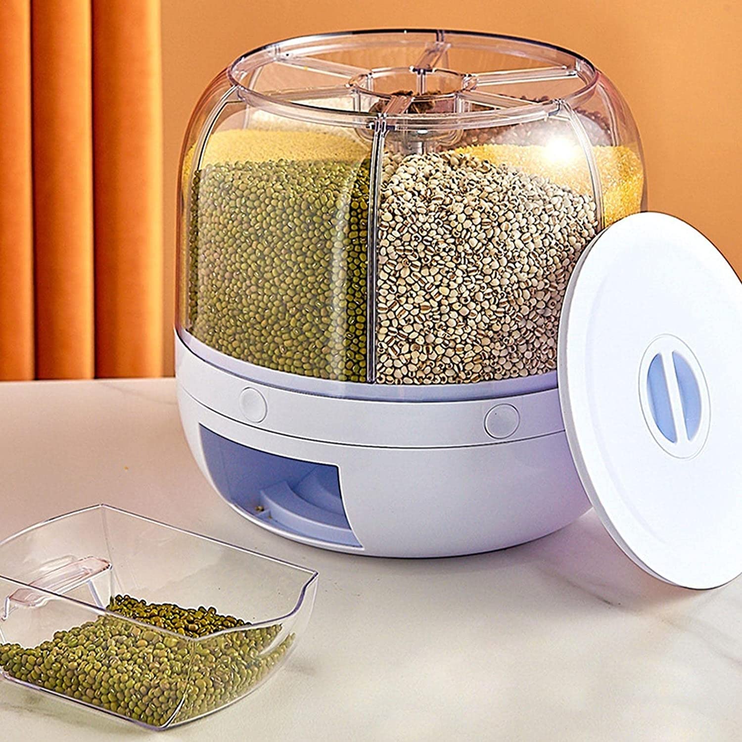 Contenitori per Alimenti Ermetici Distributore di cereali 6 scomparti - Girare Impilabile Sigillabile Piccolo Contenitore per la conservazione del grano, 10 kg Cibi Secchi/ Mais/ Fagioli/ Noci, Piano