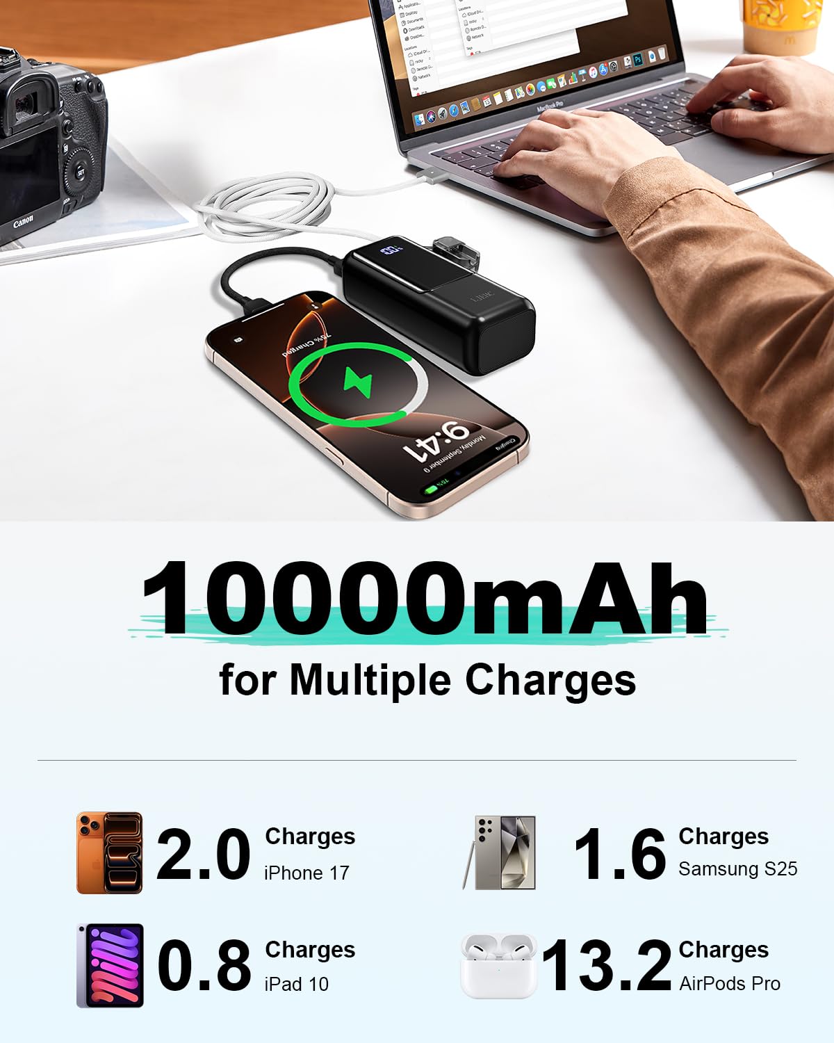Mini cargador portátil, tamaño de bolsillo de 10000 mAh, 22,5 W, cargador de carga rápida, cable USB C desmontable integrado, paquete de batería ultra pequeño, cargador de viaje para iPhone 17/16/15