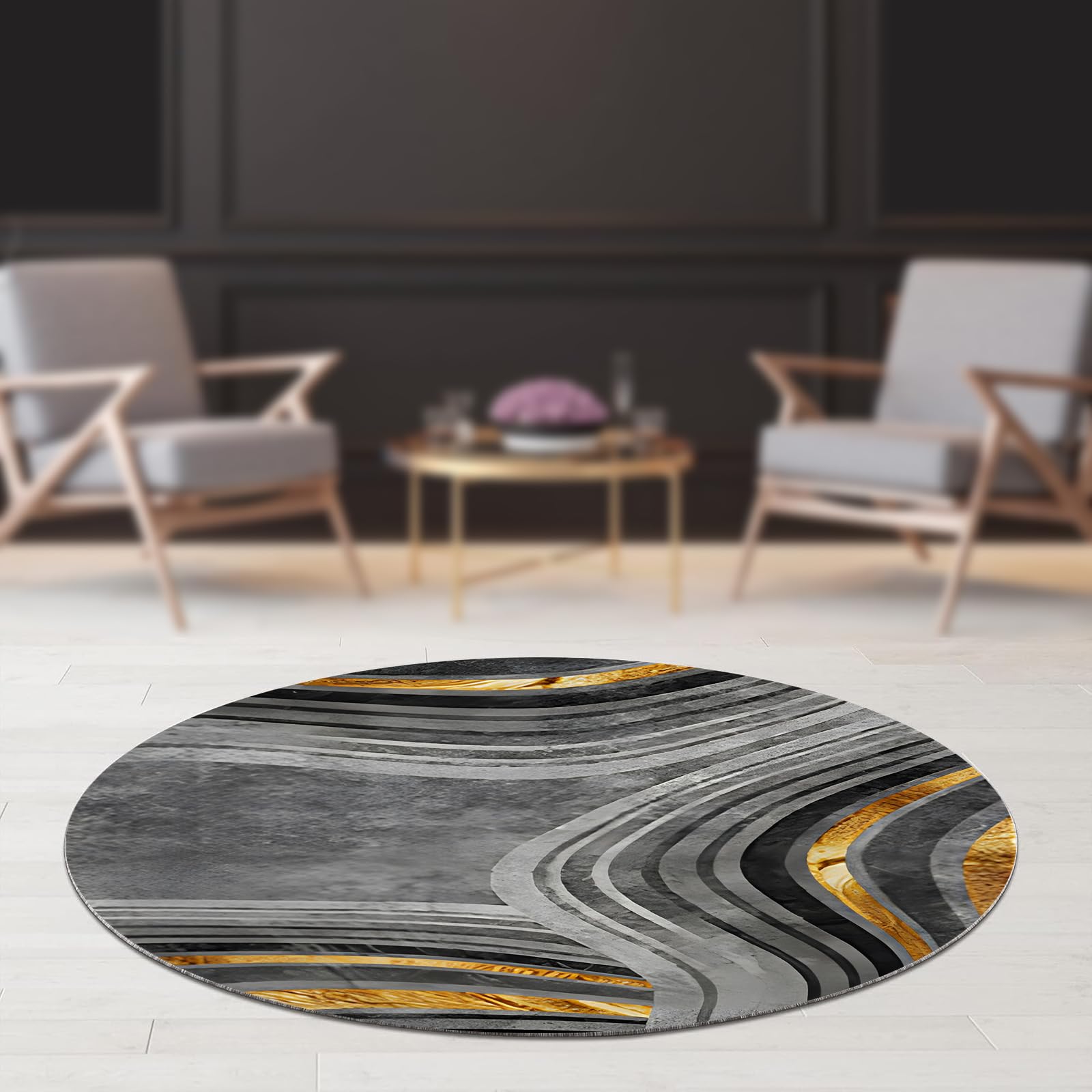 Tapis rond moderne abstrait noir et orange Ø120 cm pour salon et chambre