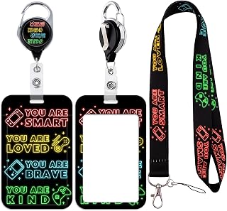 Kids Lanyard for ID Badges Neon & Game Badge Case Protector with Retractable Cord Heavy Duty Carabiner Keychain Vertical ID Holder for School Teacher Student Office Staff
