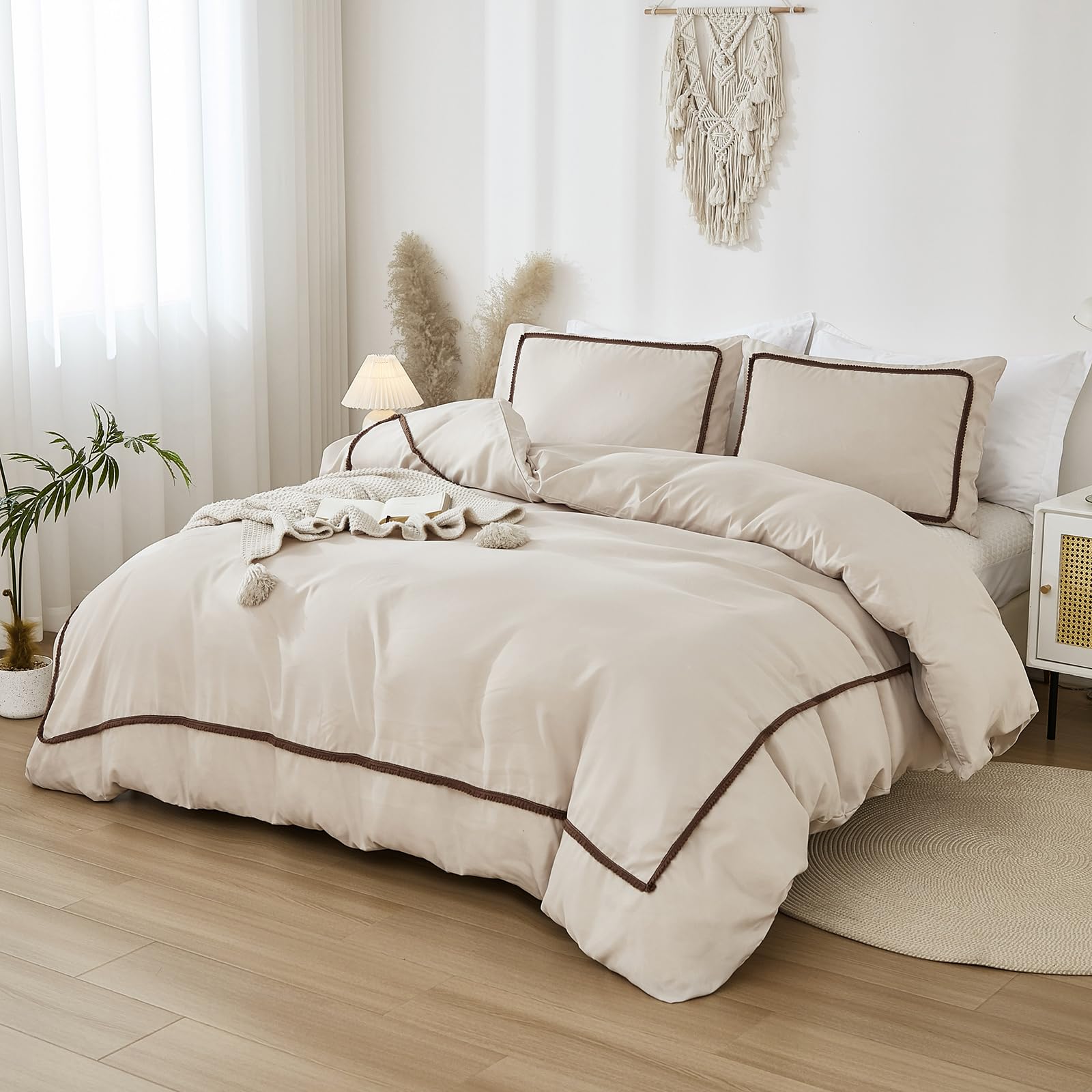 Herside Soft Microfibre Taupe Bedding Set Brown Ball Pom Duvet Cover Set Double Size Vintage Rustic Pom Duvet Cover Set Reversible Bedding with 2 Taupe Pillowcases for Adult Girls - Image 2