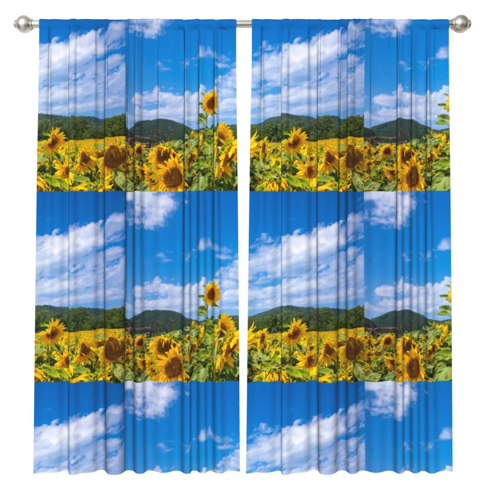 InOmak Sunflower Sea And Blue Sky White Clouds, 2 Panels Window Curtains 52 x 84 Inch Blackout Curtains for Living Room Bedroom