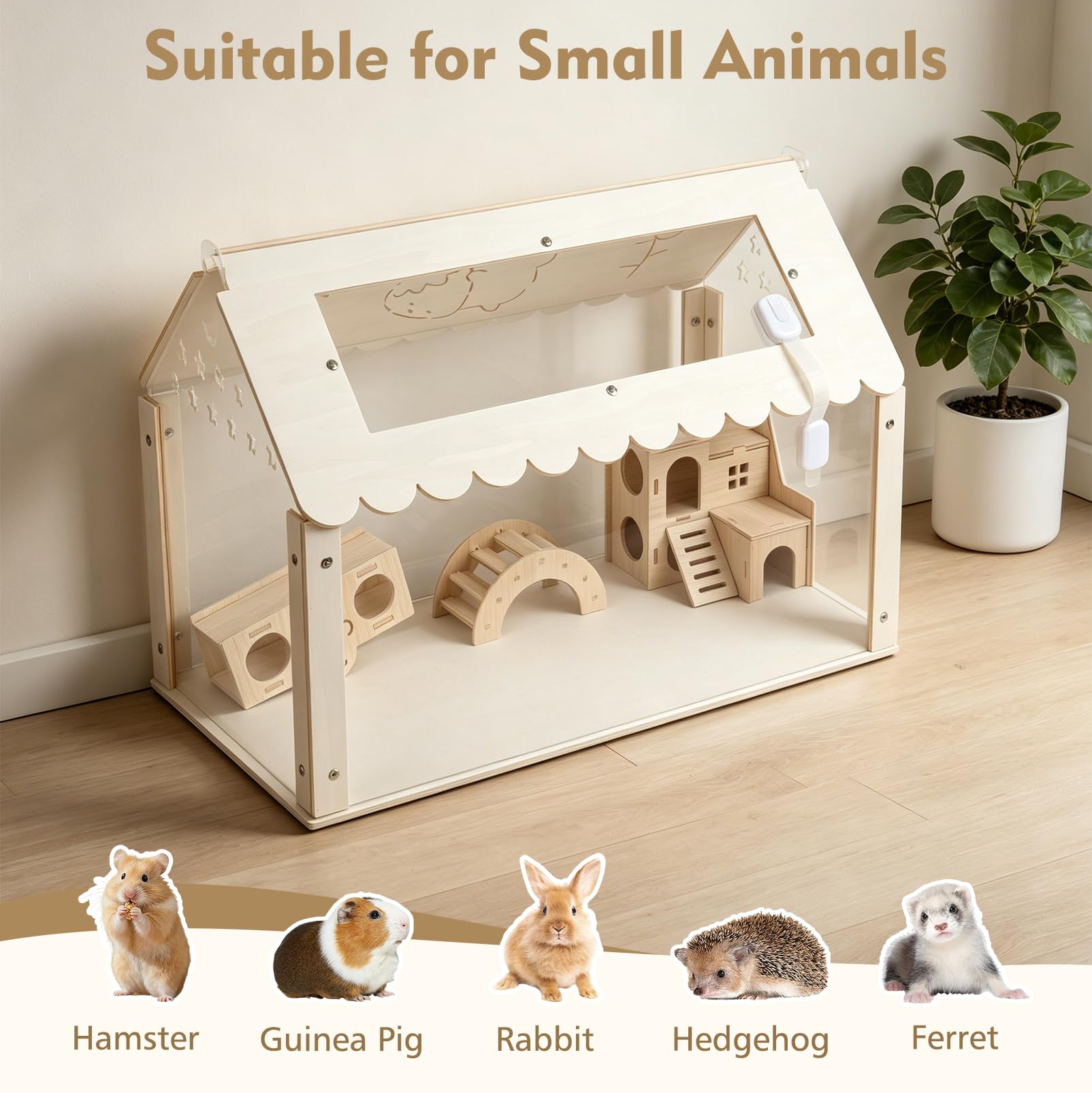 Gabbia per criceti, trasparente, per criceti, piccoli animali, 60 x 40 x 40 cm, gabbia in legno con nascondiglio in stile ville, grande impilabile per criceti siriani, roditori, topi