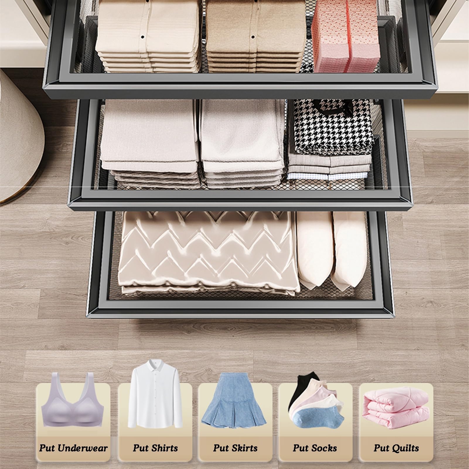 Organizador de almacenamiento para armario, estantes deslizantes para cajones, cesta de metal para debajo del estante, capacidad de carga de 30 kg, ideal para organizar armarios y dormitorios