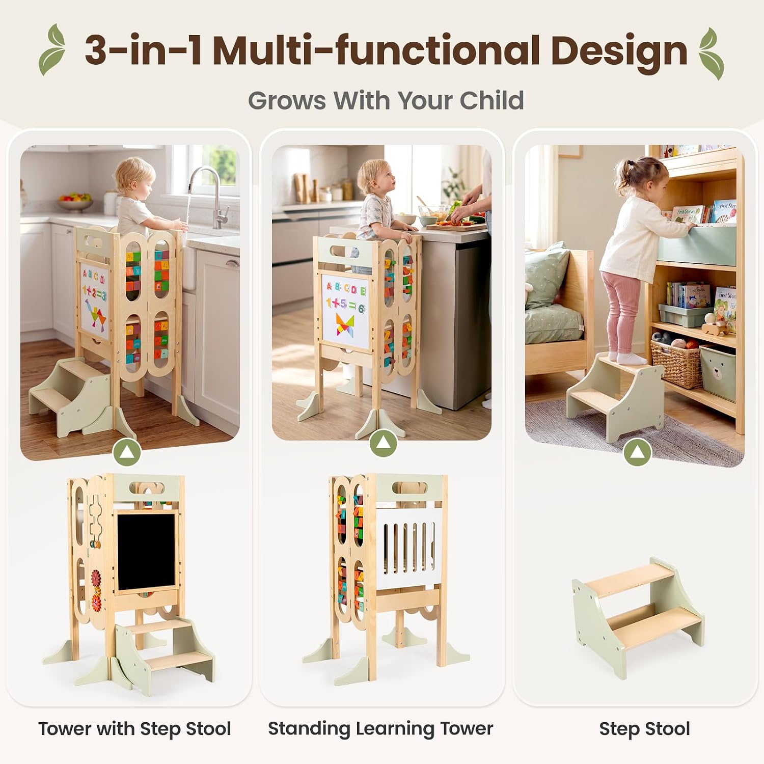 aiwo 10-in-1 Foldable Toddler Tower with 2-Step Stool Kitchen Standing Stool, 2 Adjustable Heights, Magnetic Whiteboard & Chalkboard & Montessori Learning Activities, Kids Independent Assistant