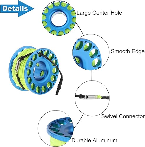 Miniatura 2 de YUNNLEZT 98FT Finger Reel Scuba Diving, Aluminum Lightweight Scuba Finger Spool Reel with Double-Ended Bolt Snap Clip for Snorkeling Scuba Diving