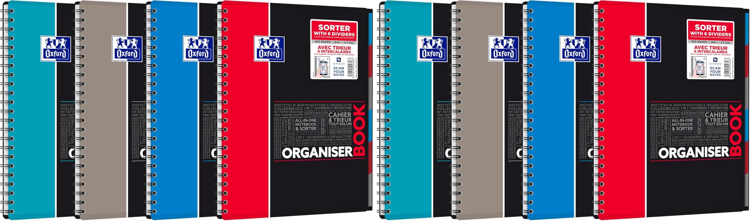 Oxford OrganiserBook Cahier Spirale + Trieur Format A4+ 160 Pages Réglure Lignée 7mm Couverture Polypro Couleur Aléatoire (Lot de 2)