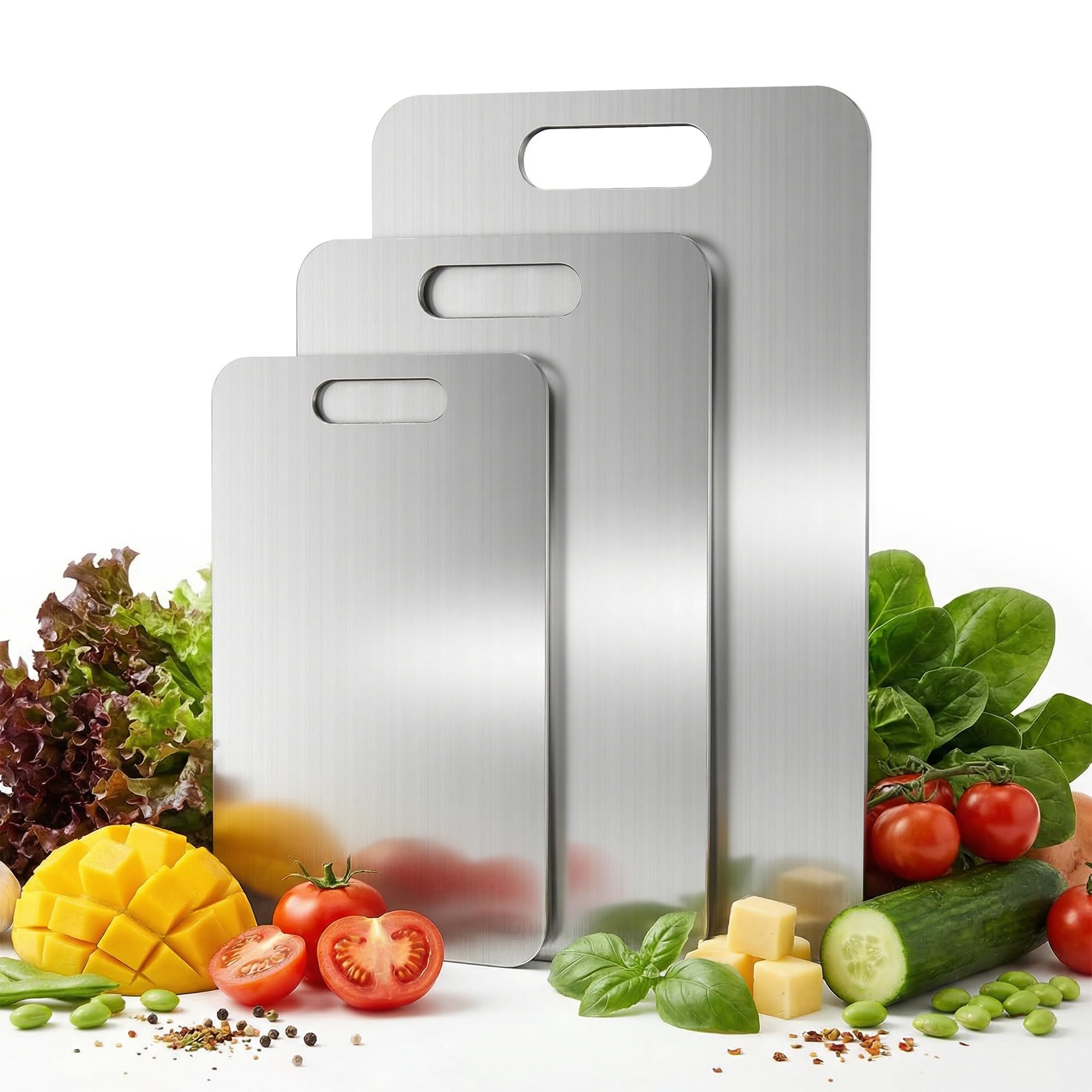 Tieplis 3-Piece Stainless Steel Cutting Board Set - Double-Sided Metal Chopping Boards, Dishwasher Safe for Meat Fruit Vegetables, Large Medium Small Sizes