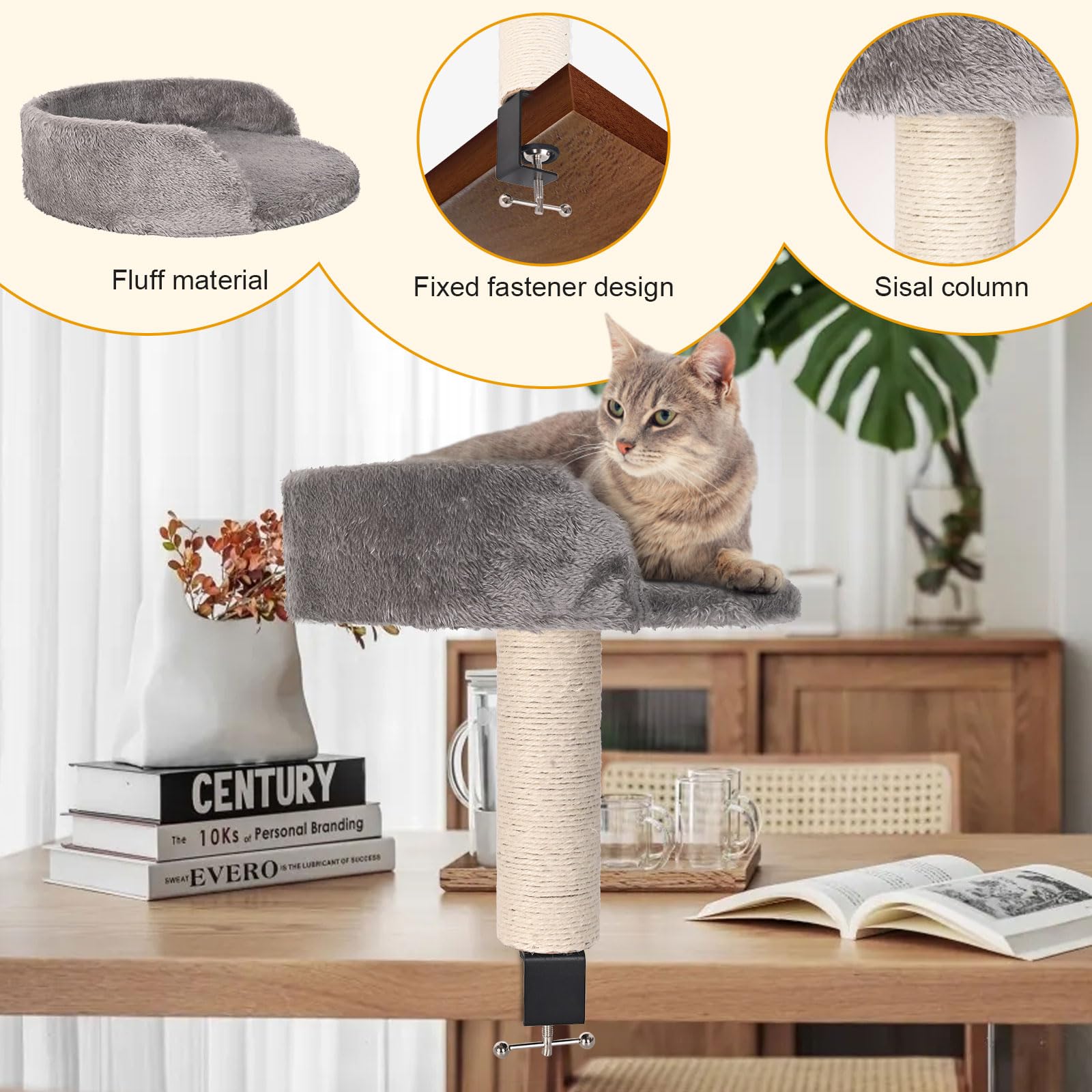 Hivexagon Katzen-Schreibtischbett mit Kratzsäule und weicher Plüschpolsterung. Ermöglicht Ihrer Katze, gemeinsam mit Ihnen zu Lernen und zu Arbeiten. Bis zu 4 kg belastbar