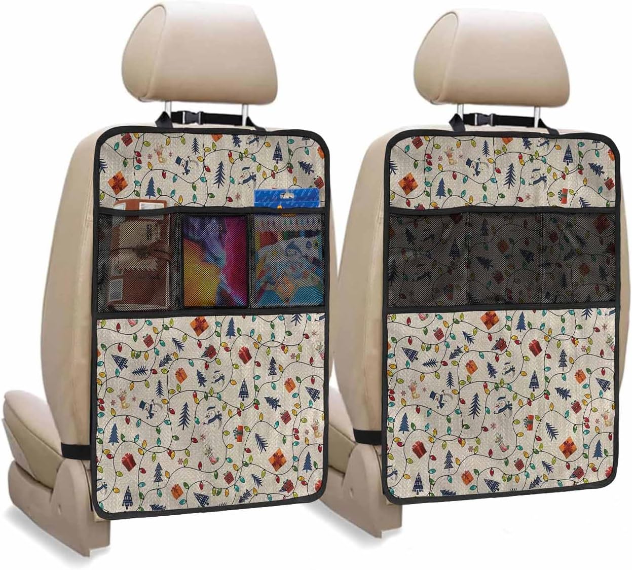 Car Seat Protector, 2 Pack Kick Mats with Organizer - 3 Pocket Storage, Christmas Snowman Gift Xmas Tree Cotton and Linen Back Seat Cover for Kids Universal Fit Automotive Interior Protectors