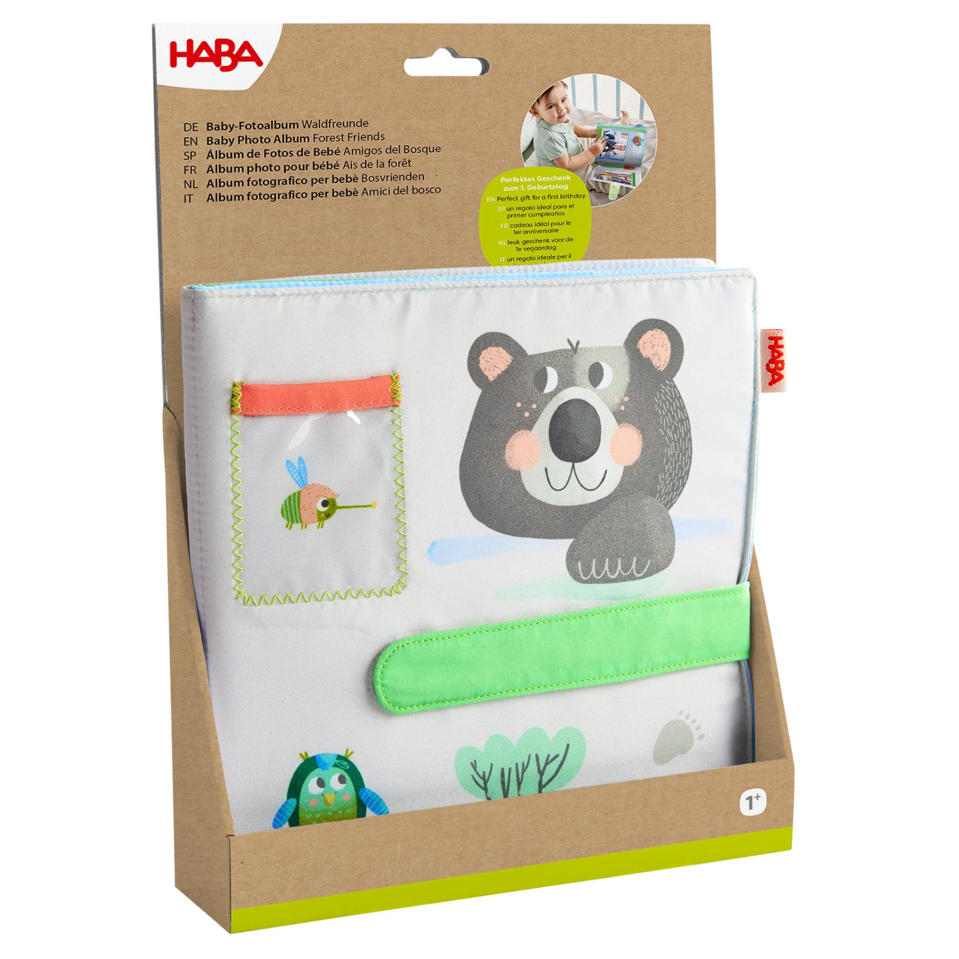 HABA Baby-Fotoalbum Waldfreunde – Stoff-Fotobuch mit Einstecktaschen für Fotos – Für Babys ab 6 Monaten, zum Entdecken & Festhalten erster Erinnerungen – 2012301001