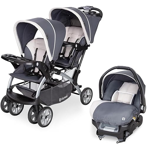 Cochecito Baby Trend doble de 5 puntos y asiento infantil para vehĂculo de 35 libras con base para asiento Cochecito Baby Trend doble de 5 puntos y asiento infantil para vehĂculo de 35 libras con base para asiento