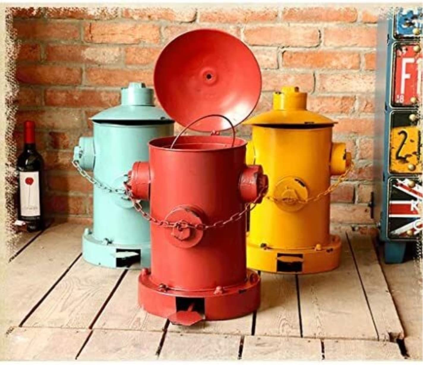 Cubo Basura Cesto de Basura Cubo De Basura Industrial De Hierro Y Viento, Cubo De Basura Artístico con Pedal De Hidrante De Incendios, Cubo De Basura Forjado con Tapa Papelera Papeleras Basurero (Col