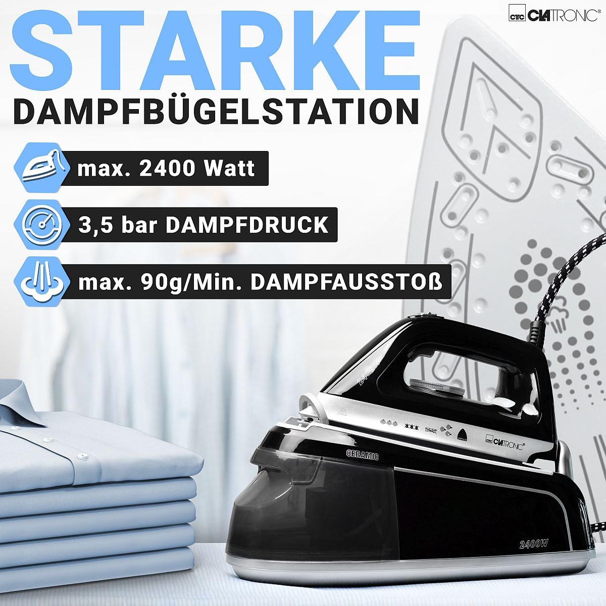 Stazione da stiro a vapore Clatronic con ferro da stiro a vapore | 3,5 bar | ferro da stiro a vapore con piastra Superglide e serbatoio dell'acqua da 1,2 l | 2400 W | con sistema antigoccia|DBS 3749