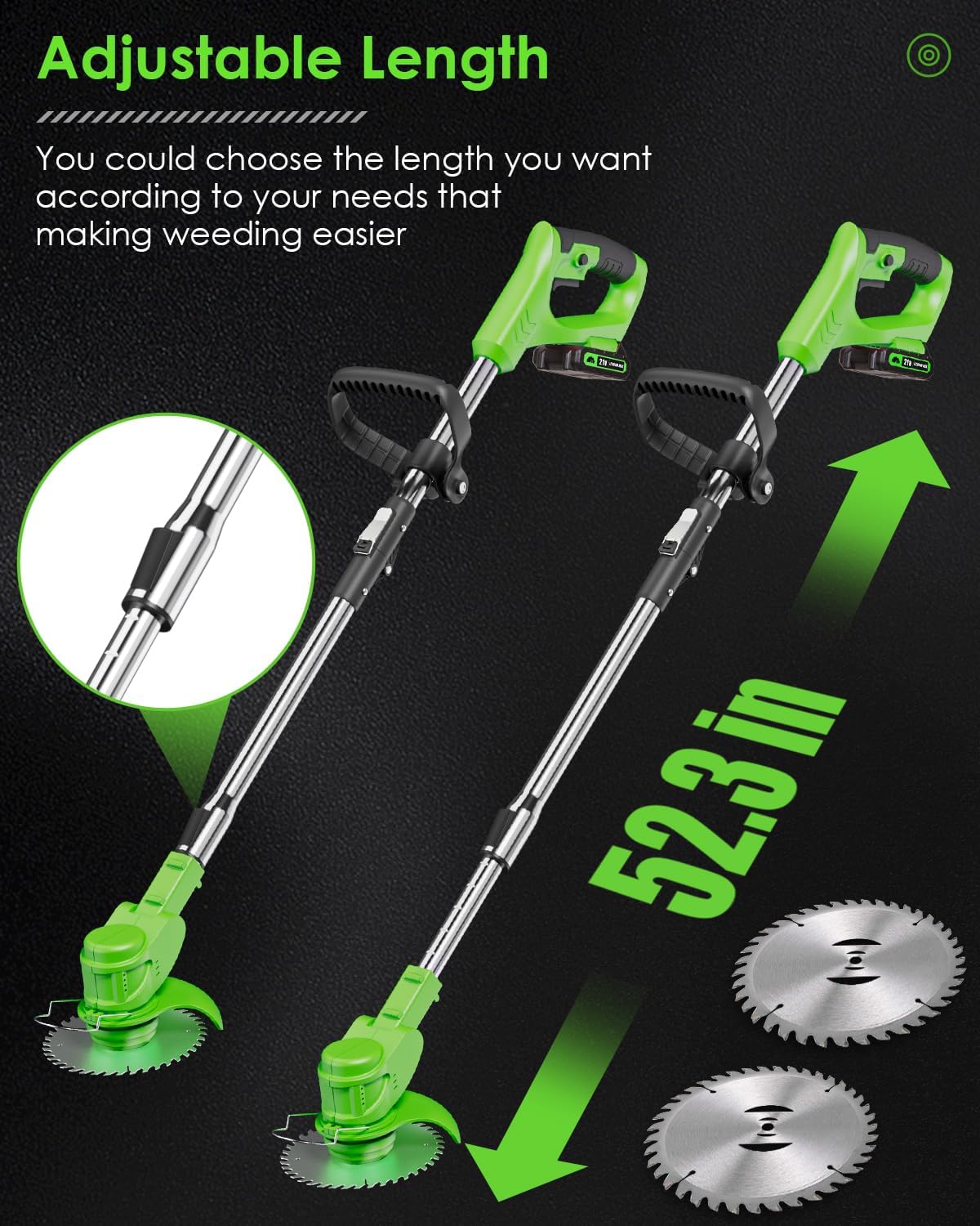Electric Weed Wacker, 2-in-1 Foldable Cordless Weed Eater Battery Powered, Lightweight Grass Trimmer/Brush Cutter with Adjustable Length & Blades, for Garden and Yard (Green)