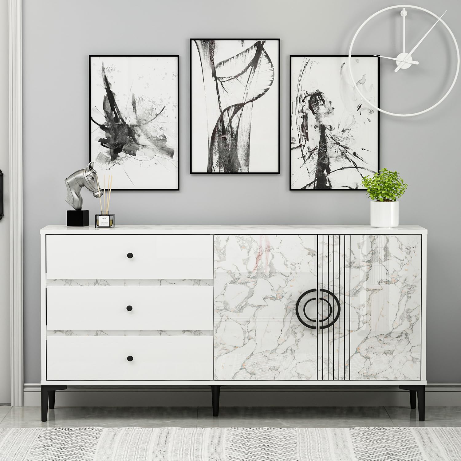 Homidea Zoe Console - Chest of Drawers - Sideboard - TV Board - with 2 Doors and 3 Drawers in Modern Design 150 x 78.6 x 40 cm (White Marble)