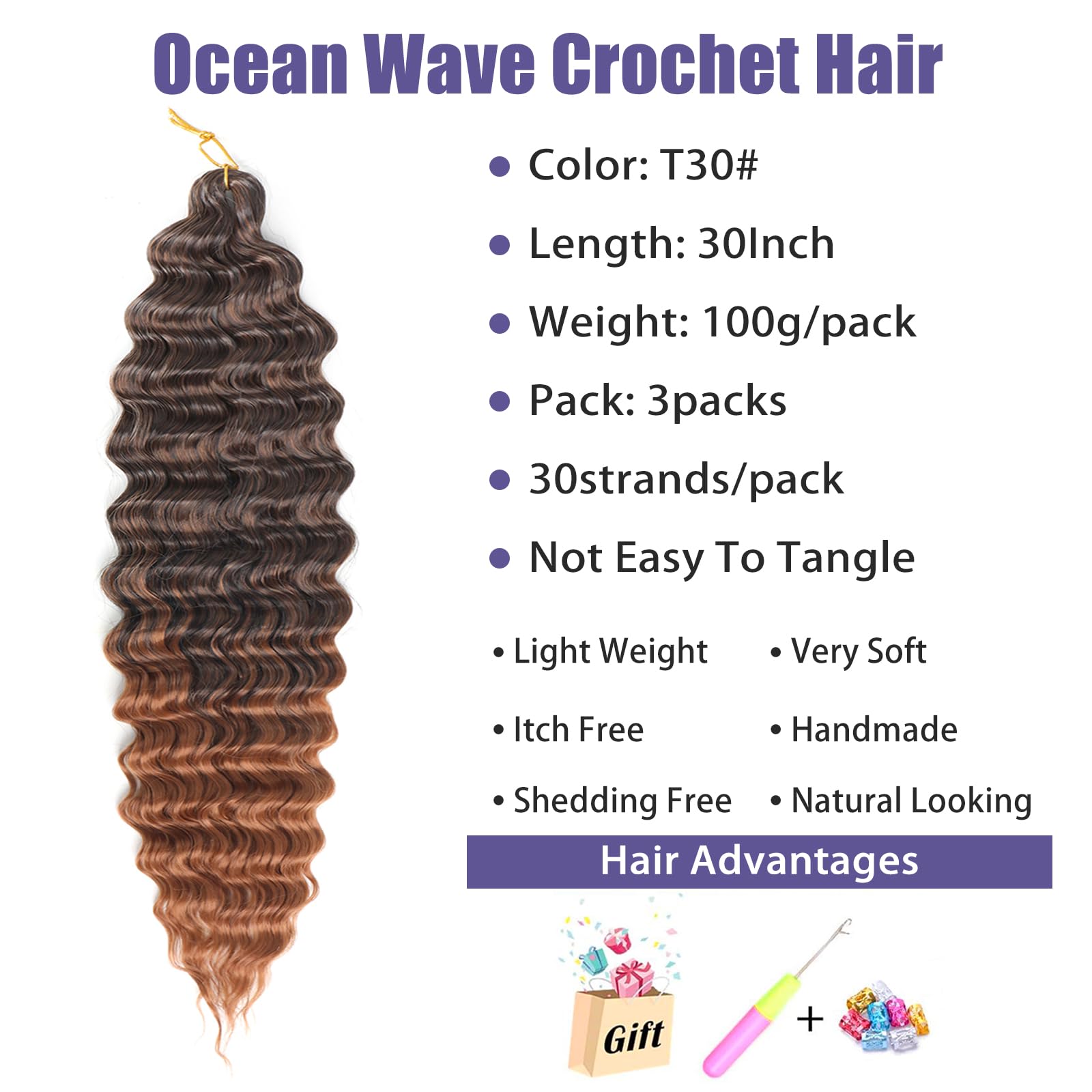 Datanala Ocean Wave Crochet Hair 30 inch Deep Wave Curly Crochet Hair 3packs Deep Curly Braiding Hair Extensions Long Braids Deep wave Synthetic hair for Black Women (30inch - Image 3
