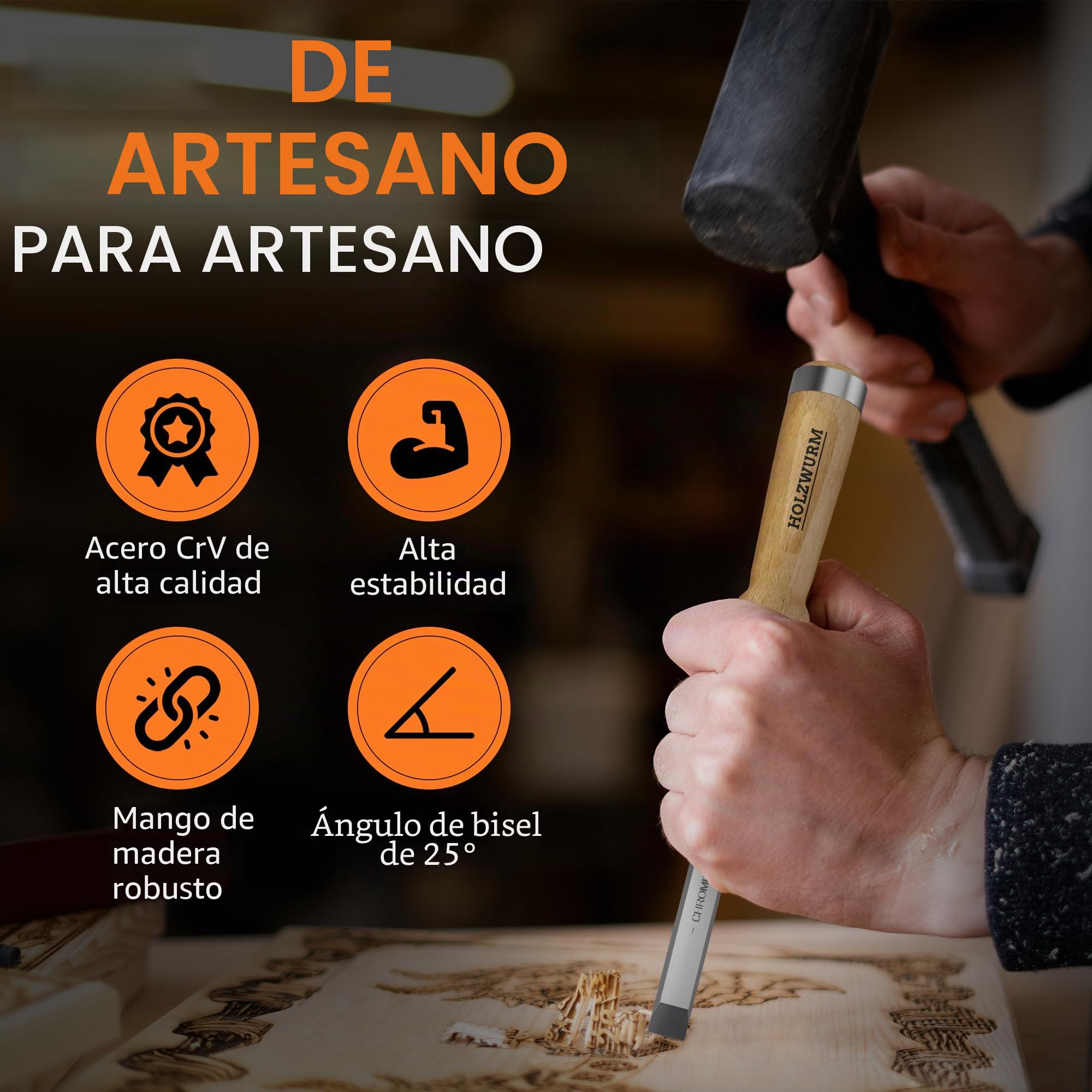 HOLZWURM Juego de cinceles profesionales para madera, juego de cinceles de 6 piezas con piedra de afilar, instrucciones (EN) de afilado y estuche de madera