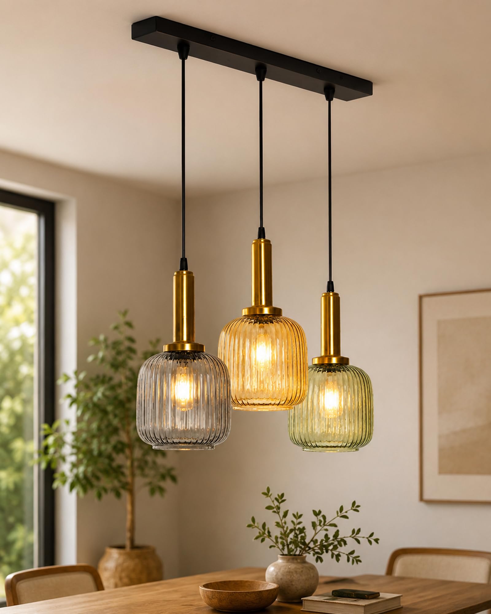Homesake® 3-Light Ribbed Glass Hanging Pendant Light Cluster | Antique Brass Fluted Glass Ceiling Lamp with Rectangular Canopy | Modern Chandelier for Dining Room, Kitchen Island & Living Room-image-5