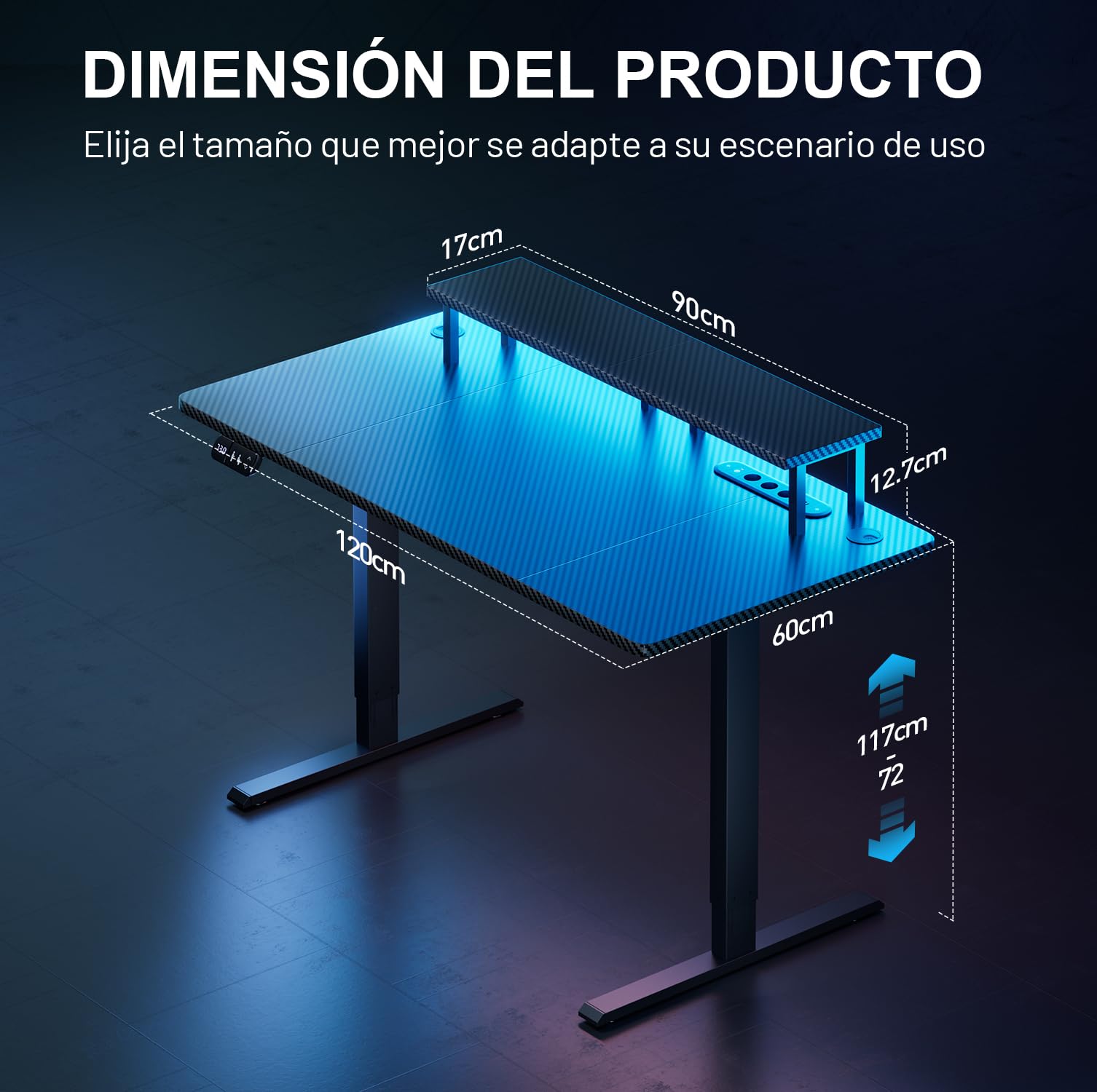 HLFURNIEU Escritorio Elevable Electrico LED 120 x 60 cm, Mesa Gaming con Toma de Corriente, Soporte para Monitor, 2 Control de Memoria, Superficie de Fibra de Carbono, Escritorio Gaming Negro