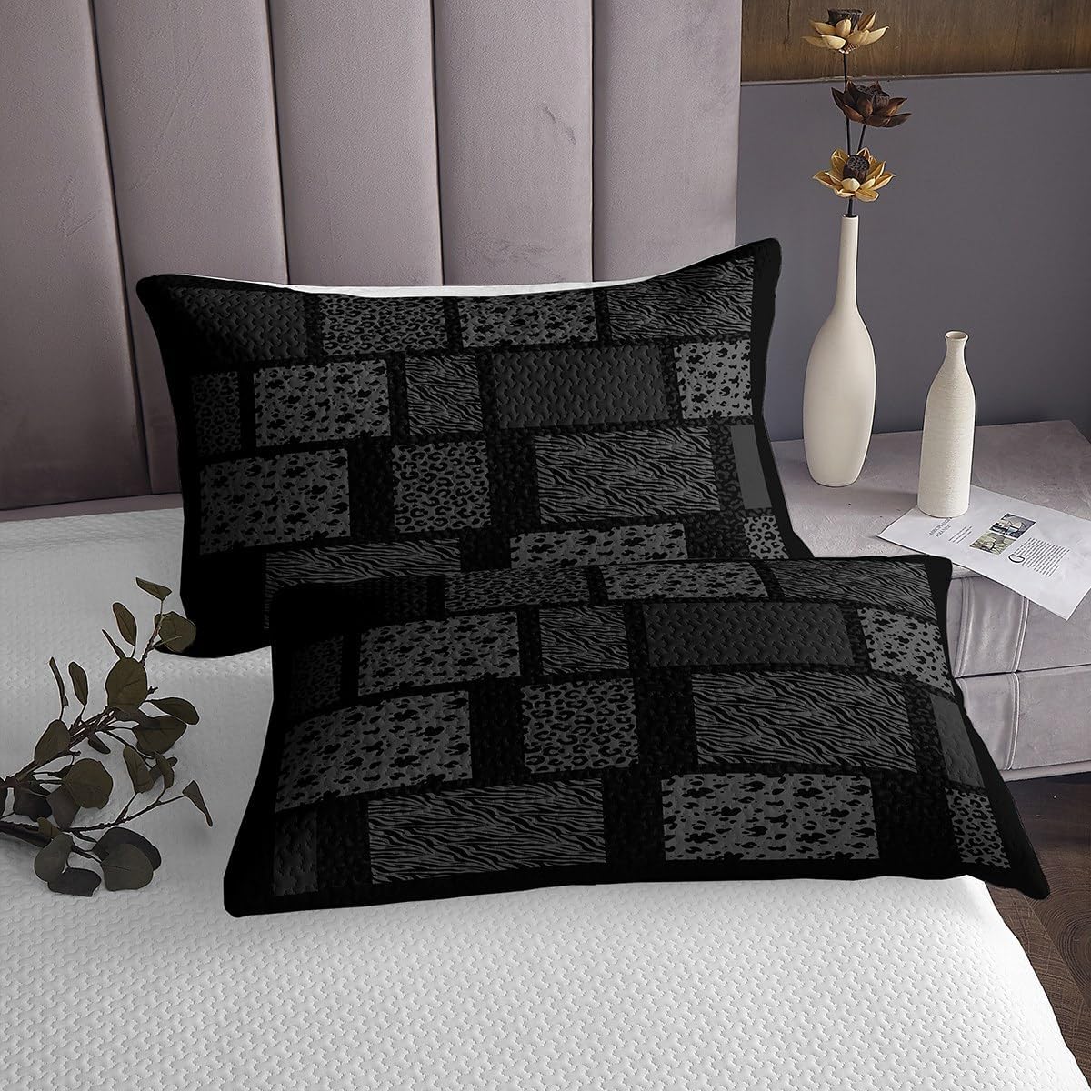 Grey and Black Bedspread King,Leopard Cheetah Zebra Animals Quilted Coverlet 3pcs for Adults Teens Room Decor,Wildlife Fur Splicing Print Soft Breathable Bedding Quilt