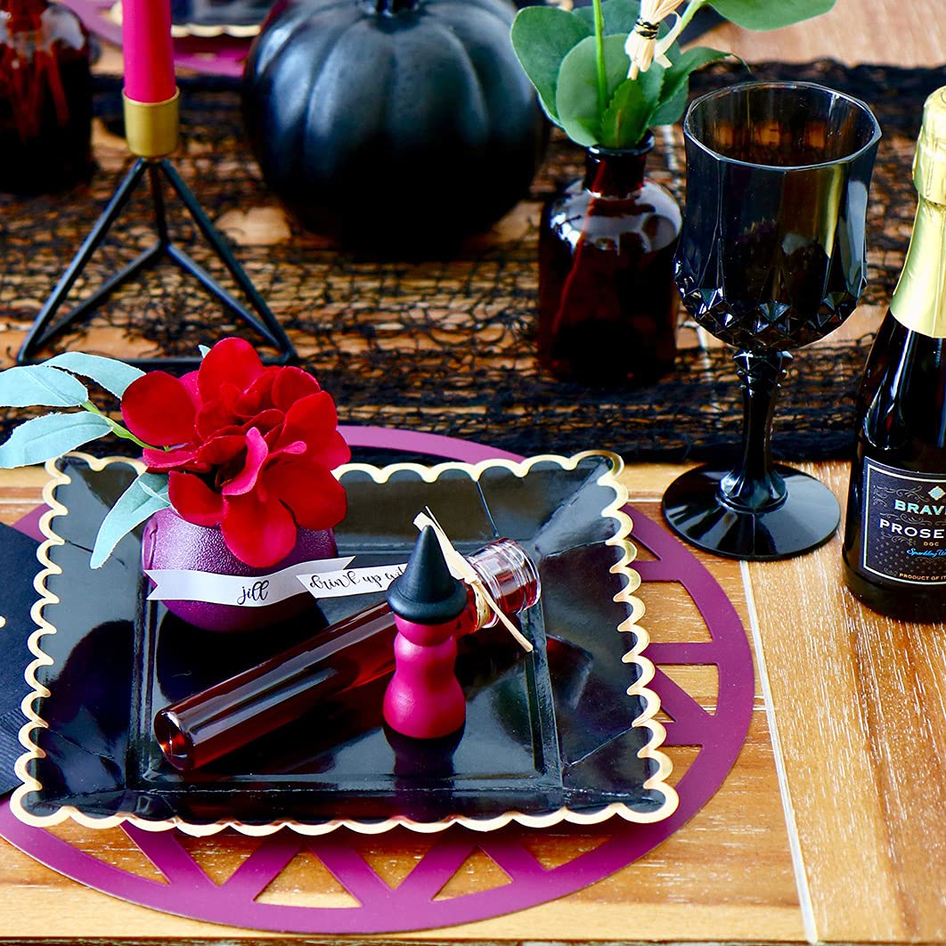 Fun Express Plastic Black Patterned Wine Glasses (set of 12), 8 oz Goblets, Wedding, Halloween and Party Supplies