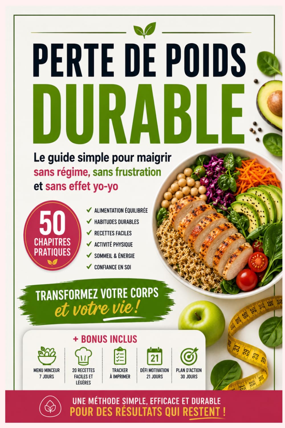Perte de Poids Durable : Le Guide Simple pour Maigrir Sans Régime, Sans Frustration et Sans Effet Yo-Yo: Méthode pratique en 50 chapitres + bonus : ... pour transformer votre corps et vos habitudes