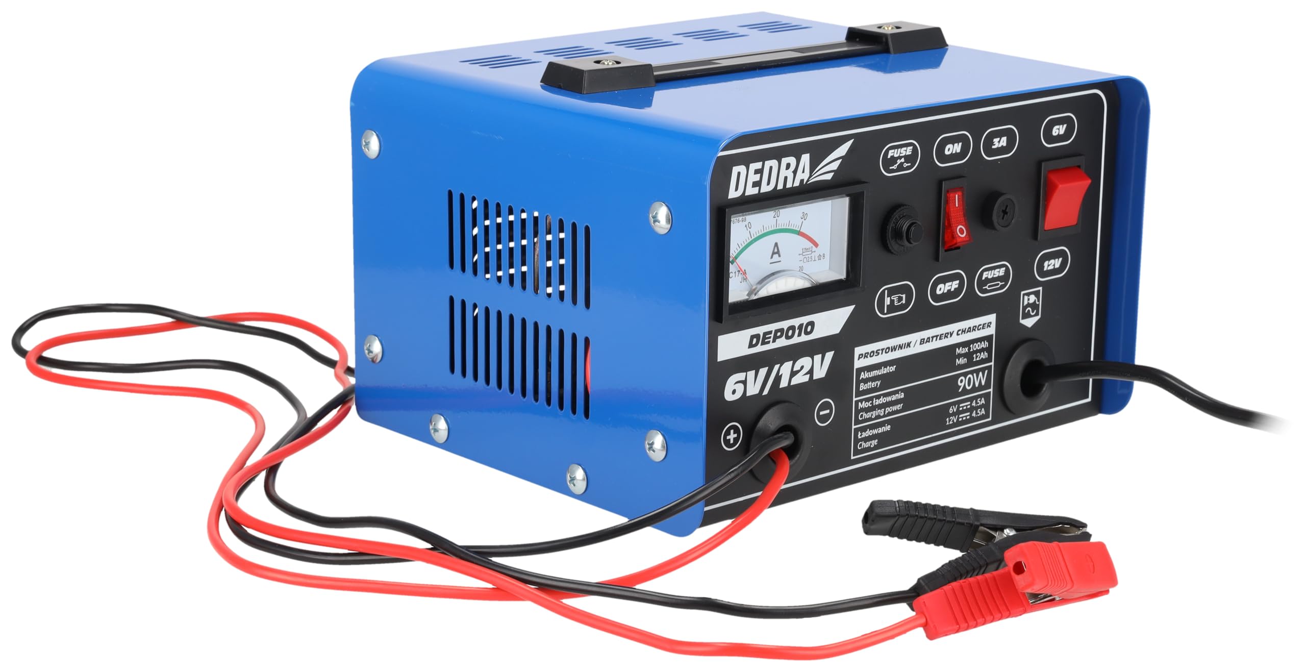 Prostownik, falownik DEDRA 6/12 V moc 12-100 Ah, moc ładowania 90 W, z funkcją wyświetlania prądu, ochrona 3A, długość kabla do ładowania akumulatora: 120 cm,
