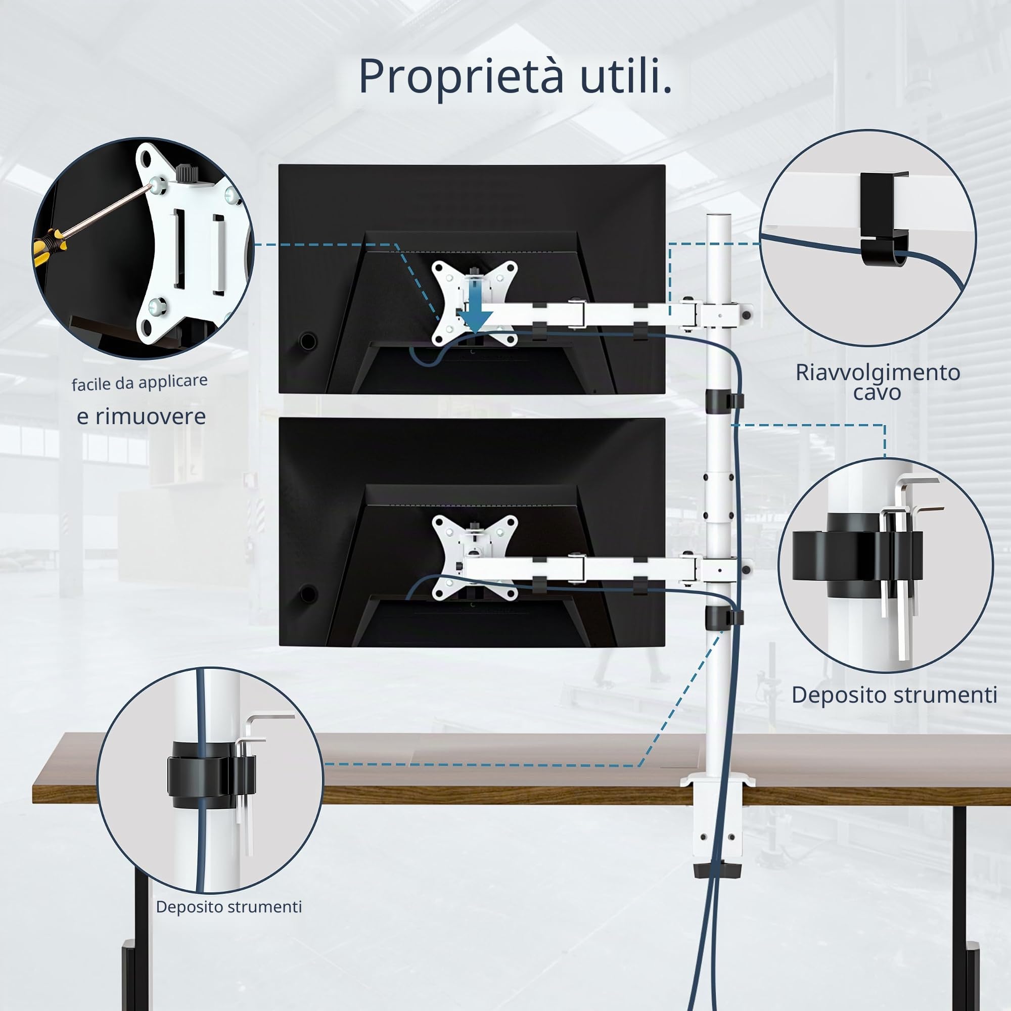 WORLDLIFT Supporto per Doppio Monitor Verticale per Schermo LED LCD da 17-32 Pollici Supporto VESA 75/100 mm Lunghezza dell'asta 80 cm Regolabile in altezza Capacità di peso 8KG