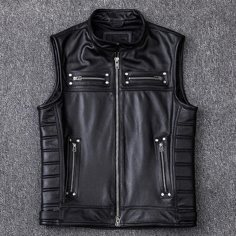 Men's Genuine Leather Vest Motorcycle Biker Stand Collar Sleeveless Jacket Zipper Waistcoat2