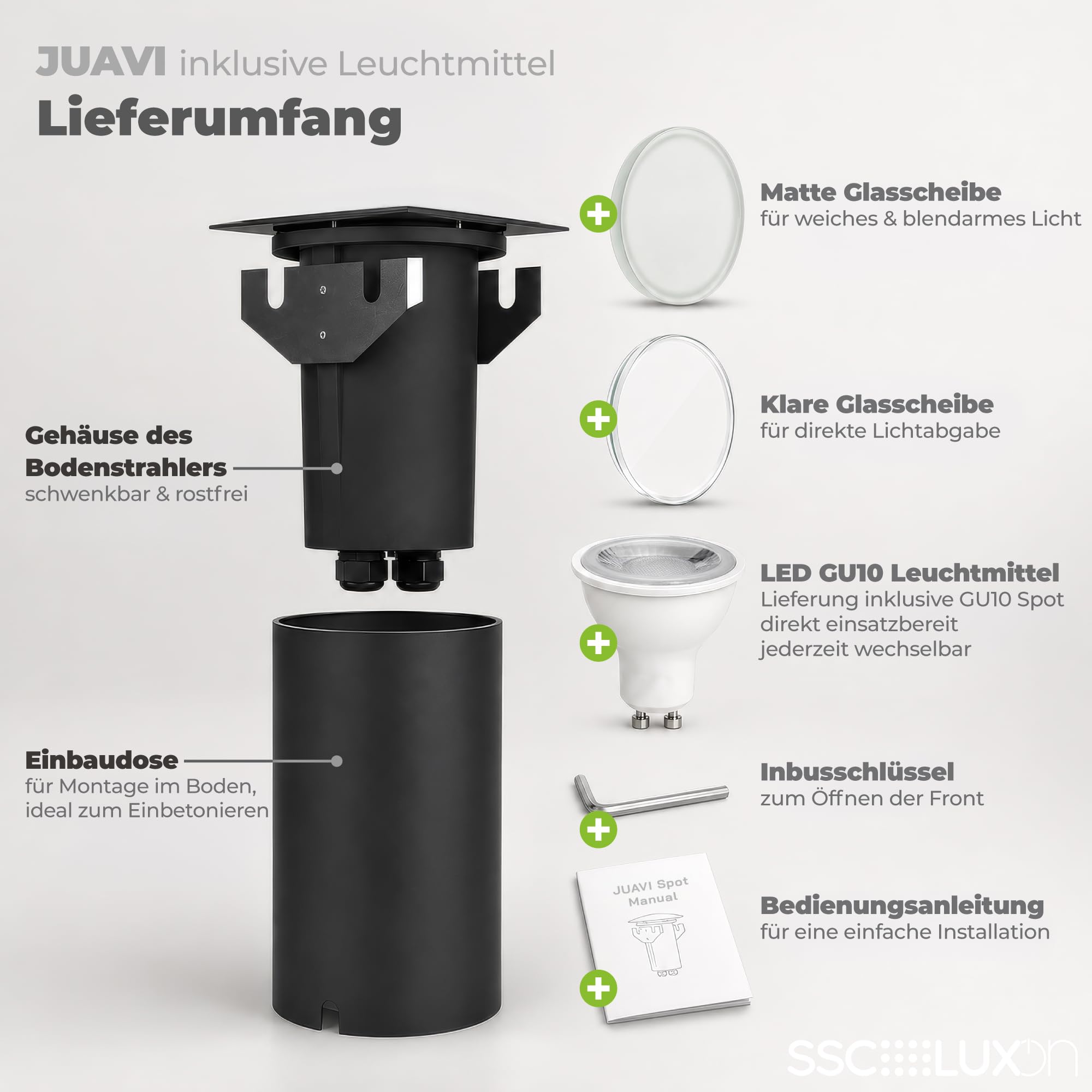 SSC-LUXon JUAVI Bodeneinbaustrahler 3x eckig IP67 GU10 3W 3 Lichtfarben | Drei befahrbare Bodenspots eckig IP67 für Wege, Beet & Terrasse - warm / neutral / kalt, schwenkbar, 120x120mm, Edelstahl