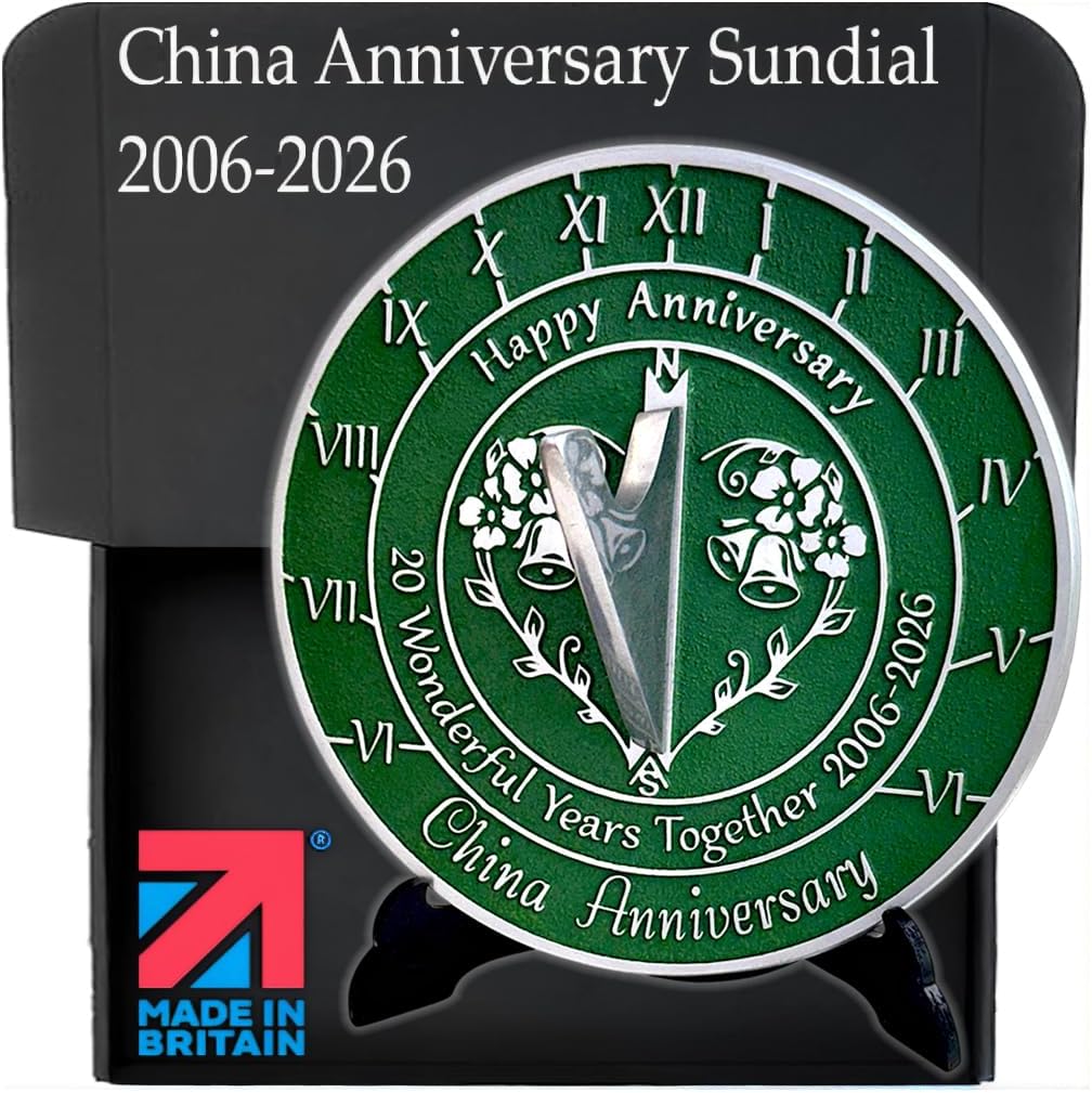 Anniversary Sundial Gift for 20th China Wedding Anniversary in 2026 - Recycled Metal Home Decor Or Garden Present Idea - Handmade in UK for Him, Her Parents Or Couples 20 Year Celebration