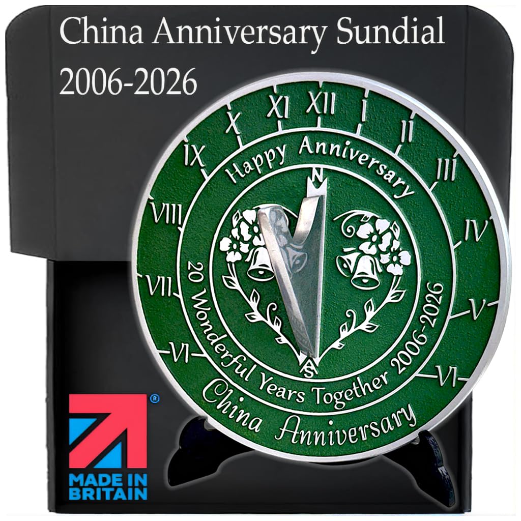 Anniversary Sundial Gift for 20th China Wedding Anniversary in 2026 - Recycled Metal Home Decor Or Garden Present Idea - Handmade in UK for Him, Her Parents Or Couples 20 Year Celebration