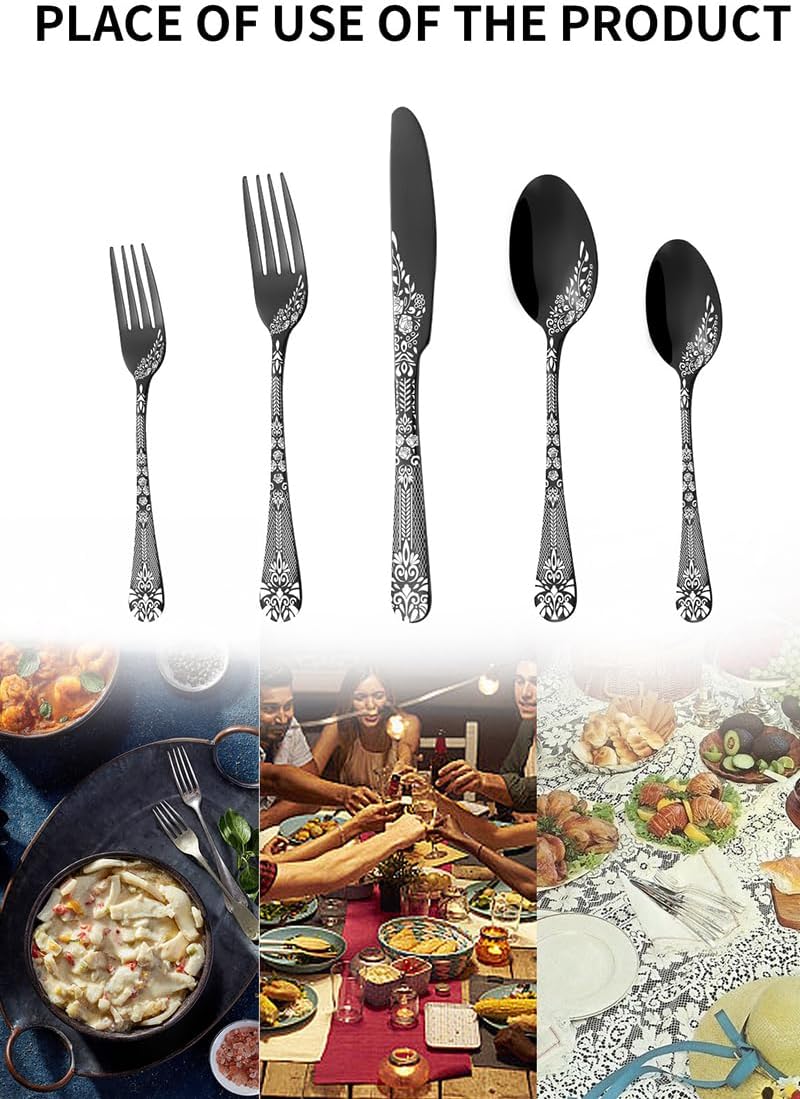30-Pieces Forks and Spoons Silverware Set Printing Cutlery Mirror Effect Flatware Set for 6 Dishwasher Safe Food Grade Stainless Steel Easy to Clean Ergonomic for Restaurant, Black