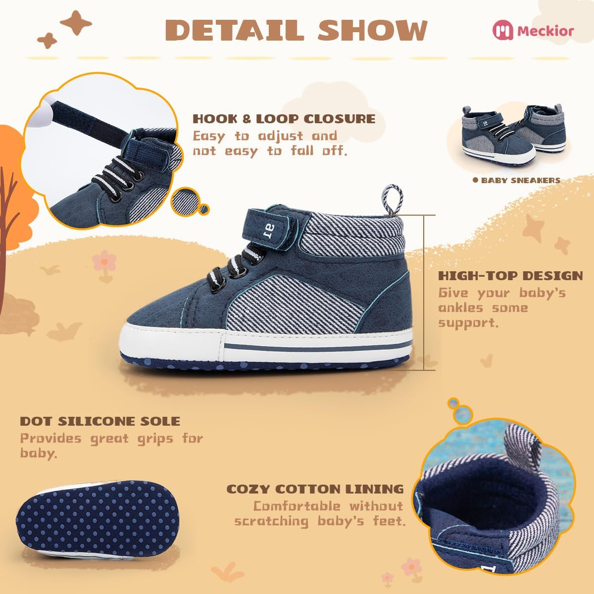 Meckior Toddler Baby Boys Girls High Tops Ankle Sneakers Soft Anti-Slip Sole PU Leather Moccasins Infant Newborn Prewalker First Walking Crib Shoes