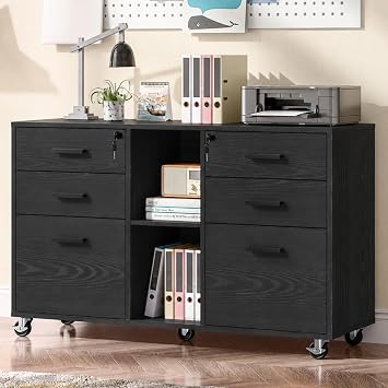 Halitaa Lateral File Cabinet with Lock, Large Mobile Storage Filing Cabinet with 6 Drawers Fits Files Letter/A4 Size, Rolling Printer Stand with Open Storage Adjustable Shelf for Home Office, Black