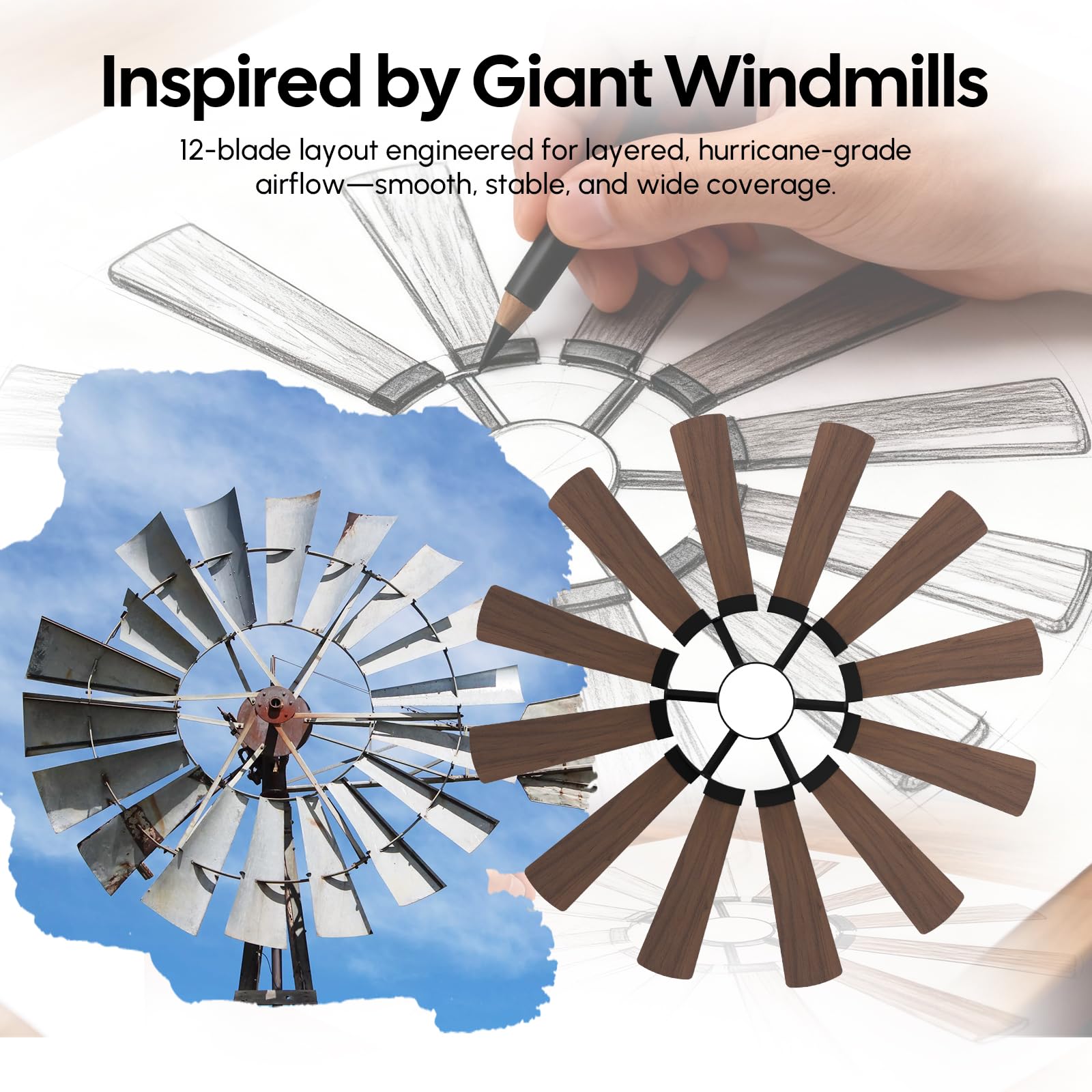 62 Outdoor Farmhouse Ceiling Fan with Lights 12 Blades Dual-Finish Wind Mill Fan 3 Downrods 6-Speed Reversible DC — view 8