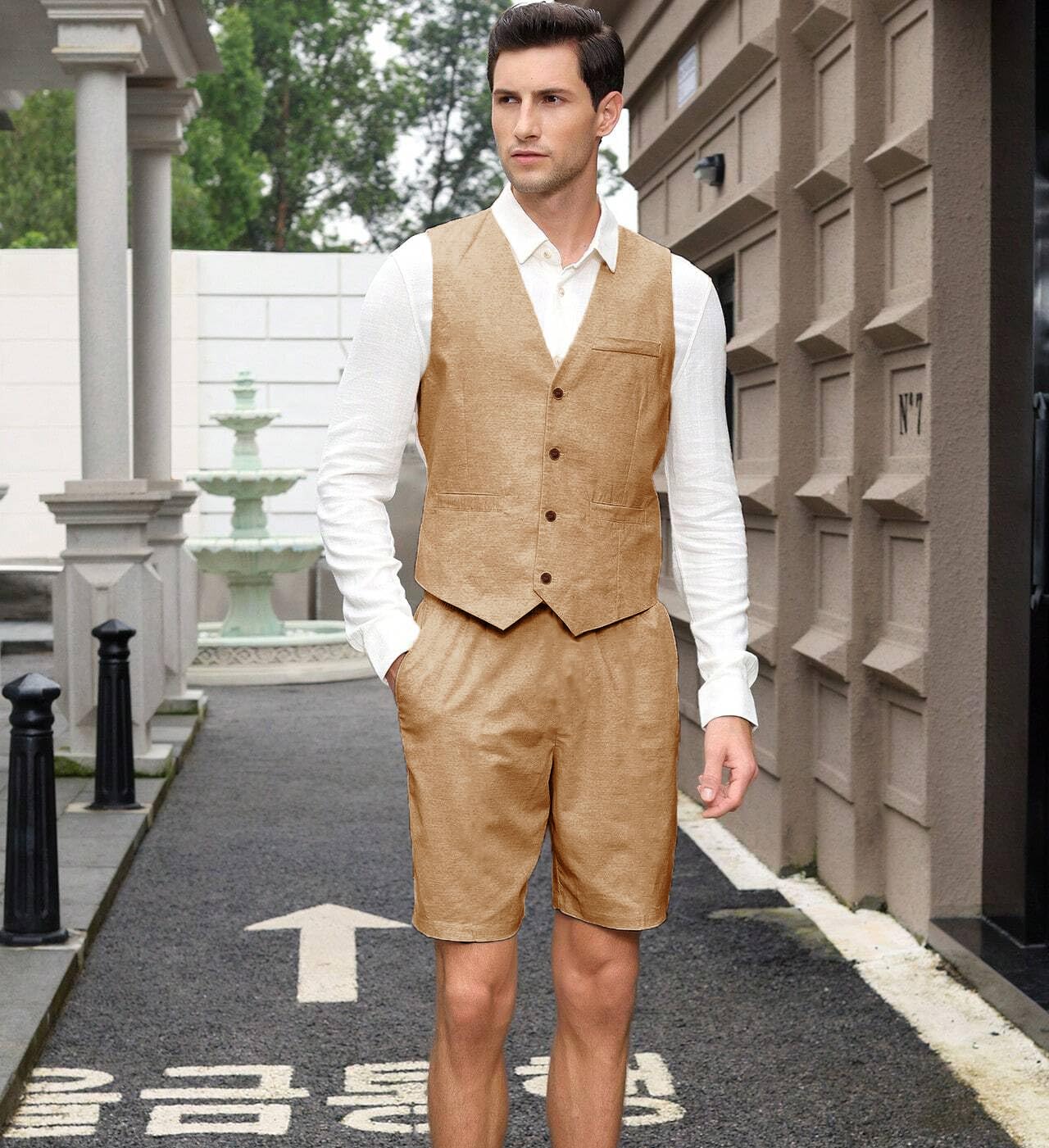Mens Linen Suit 2 Piece Short Suits for Men Casual Summer Beach Groom Wedding Suit Linen Vest Shorts Set