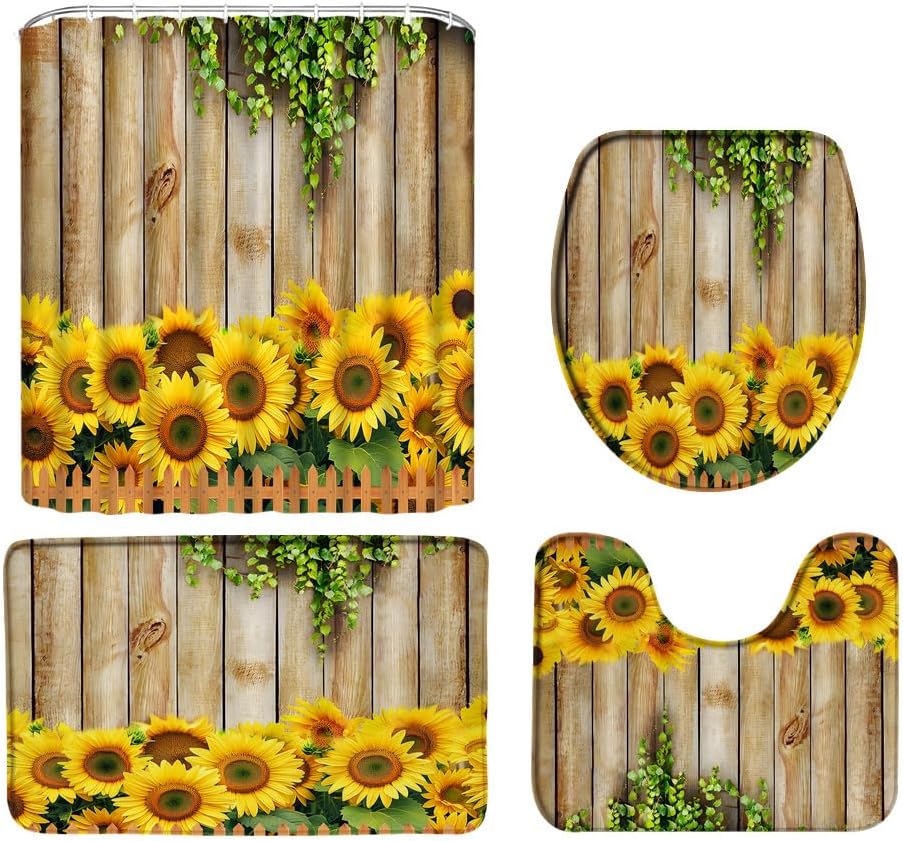 AMFD 4 Piece Bamboo Shower Curtain Sets with Rugs,Toilet Lid Cover and Bath Mat,Outdoor Spa Japanese Asian Plant Elegant Tan Rustic Farmhouse Bathroom Shower Curtain Set with Hooks, Green Brown 1