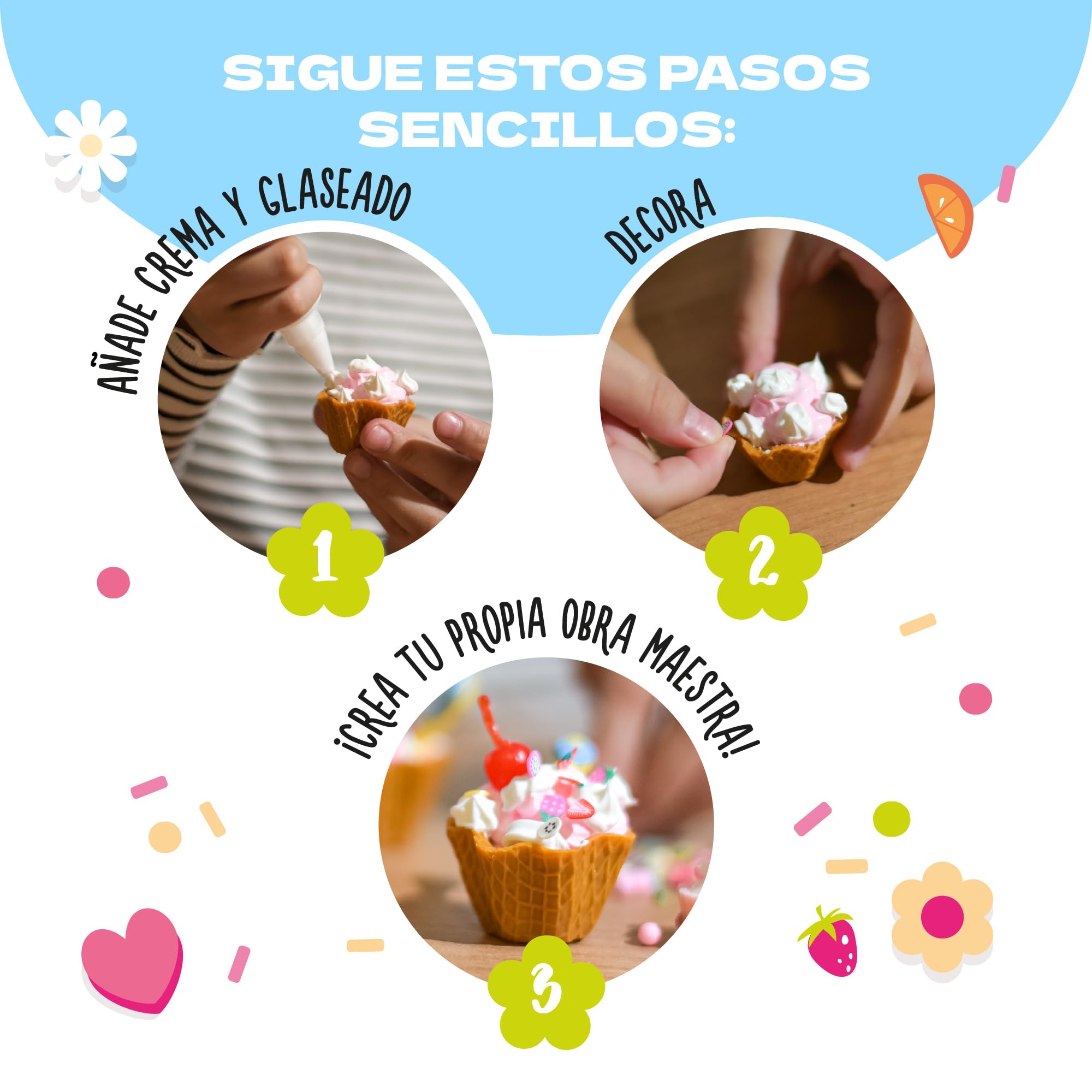 CRAFTY CATS Kit de manualidades Fiesta de Postres 115 piezas Arcilla al aire, perlas, pegamento crema con boquillas Set creativo DIY, cumpleanos y regalo, para ninos 6+
