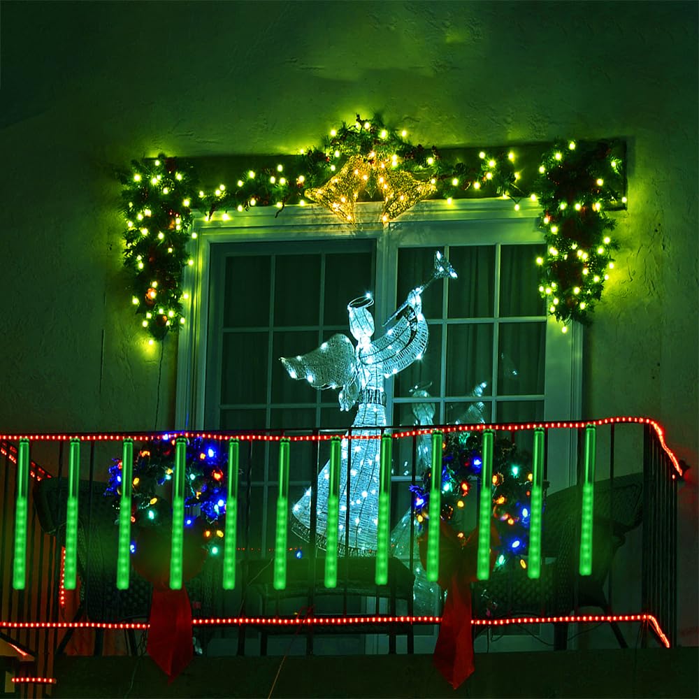 Kwaiffeo Lumières de Noël vertes, 24 tubes de lumières de pluie de météores (équivalent à 3 ensembles de 8 tube) pour décorations de Noël d'Halloween, lumières vertes pour sapin de fête de la