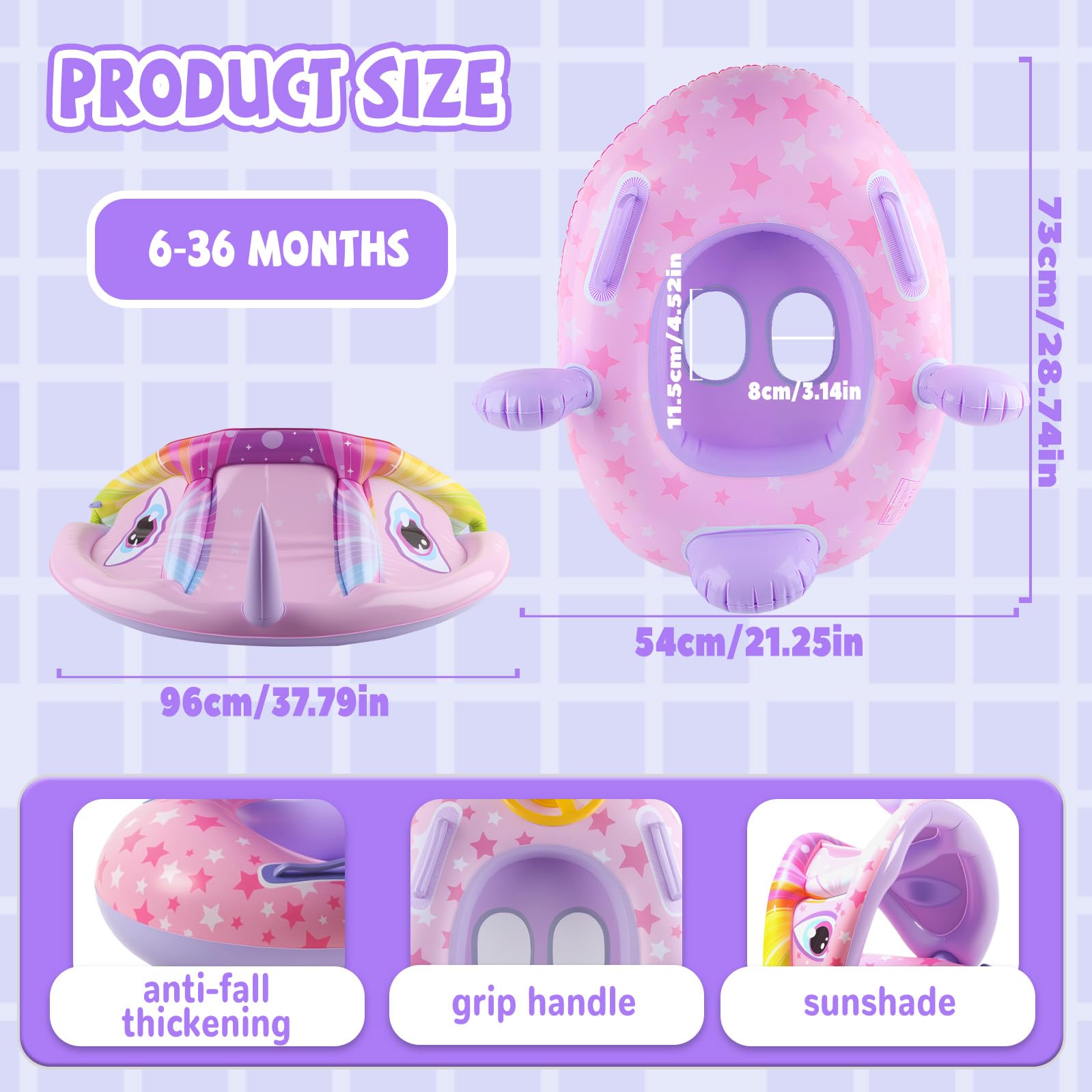 Salvagente Neonato con Parasole, Canotto Neonato con Parasole, Ciambella Mare, Gonfiabile Mare, Unicorno, Dinosauro per Piscine