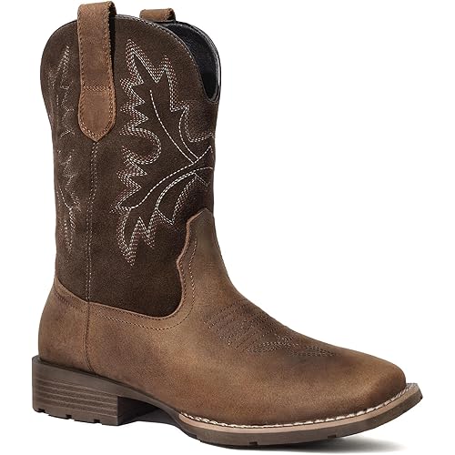 Lumeheel Cowboy Boots for Men - Western Men's Boots with Classic Embroidered, Slip on Square Toe Boots, Slip Resistant Country Boots Chunky Heel Ankle, Durable Short Boots for Spring Fall